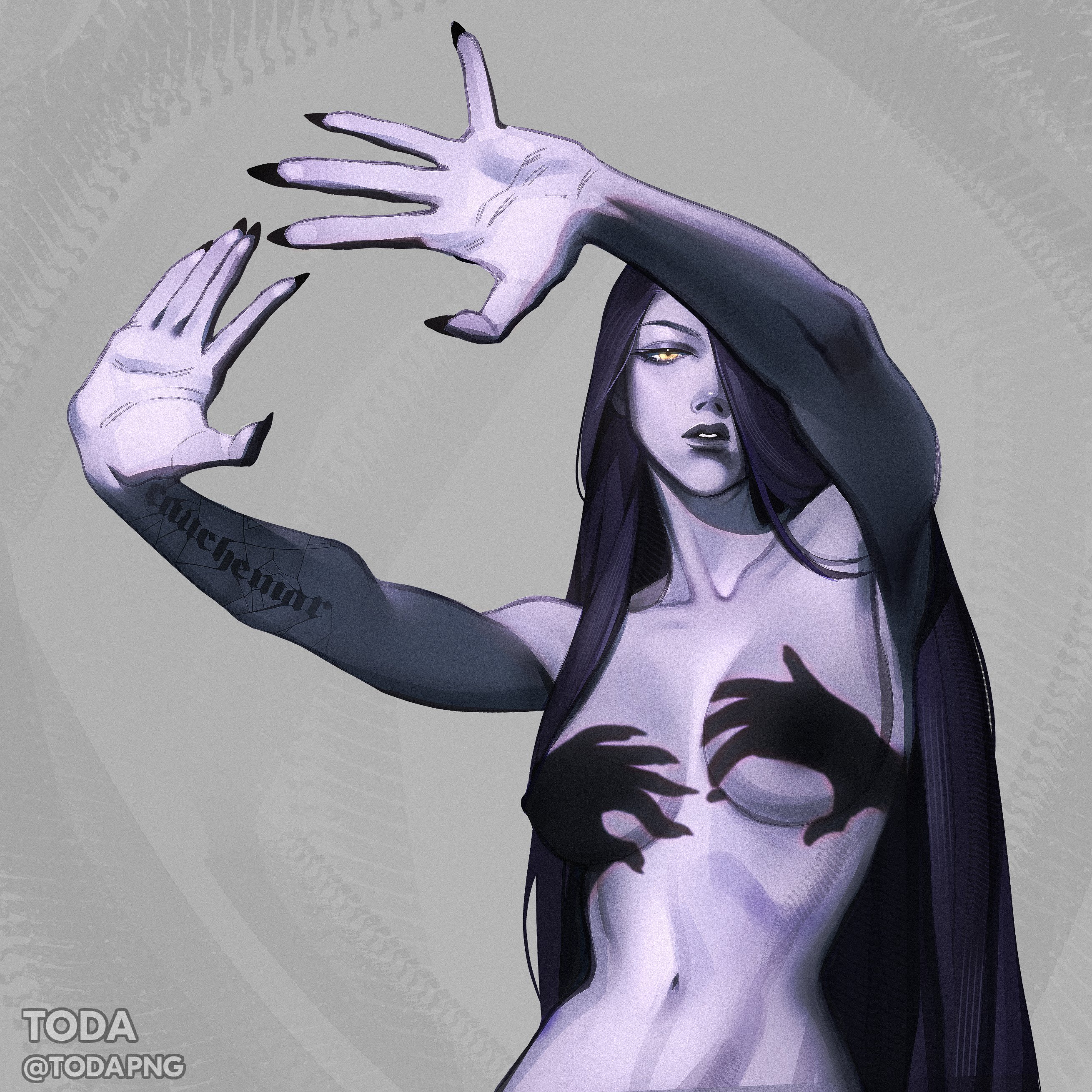1girls, amelie lacroix, areola, arms extended, artistic nude, belly, convenient censoring, covering breasts, female, female only, hair down, hands casting shadow, long hair, looking at viewer, overwatch, purple body, purple hair, purple skin, solo, solo female, tagme, todapng, widowmaker