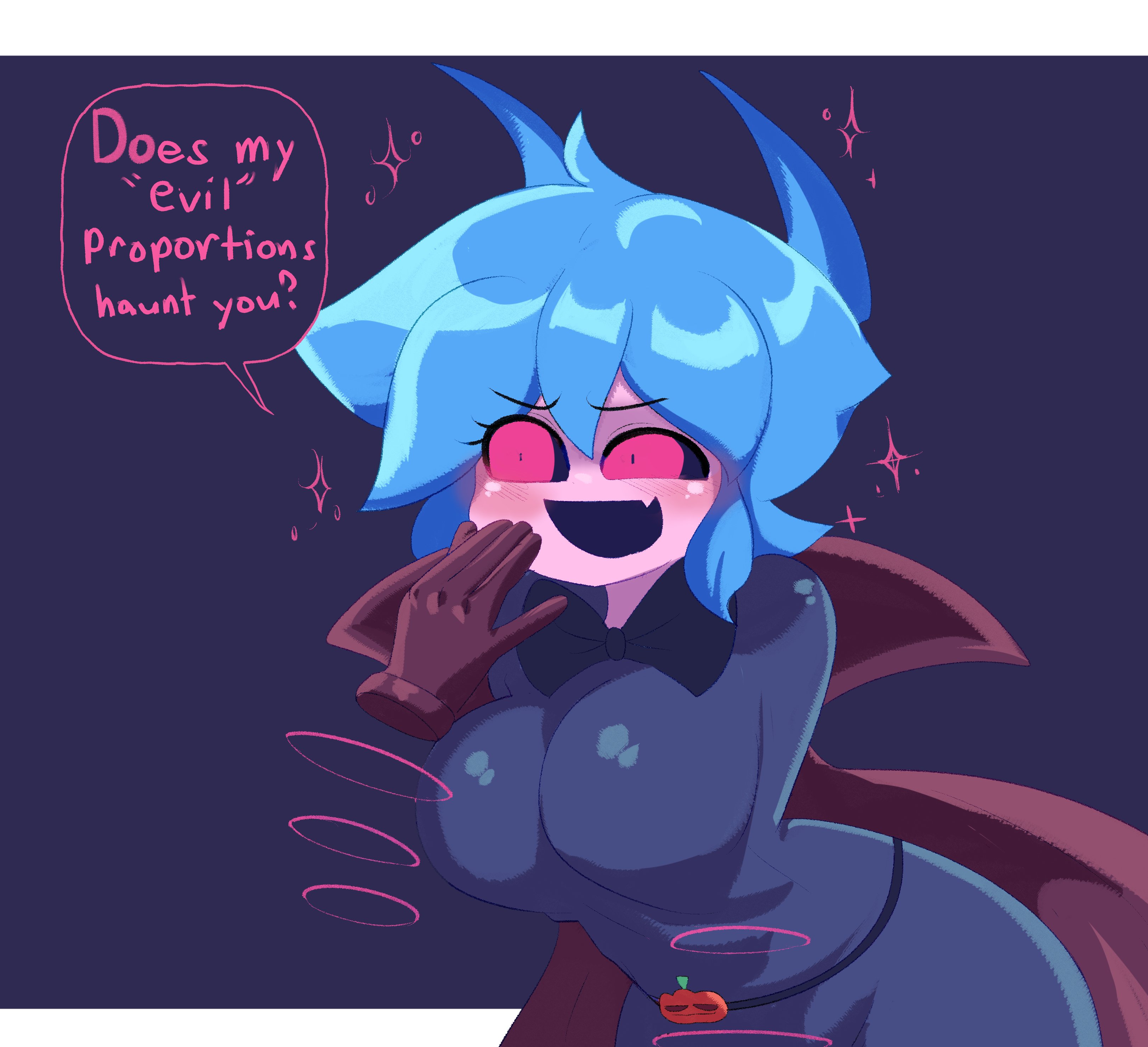 1girls, armless, belt, big breasts, big butt, black sclera, blue hair, blush, blushing, bratty, cape, chizubunsu, dialogue, droopy (theshammah), floating hands, halloween, large breasts, newgrounds, pink skin, short hair, smile, smug, smug expression, smug face, solo female, speech bubble, text, text bubble, thick ass
