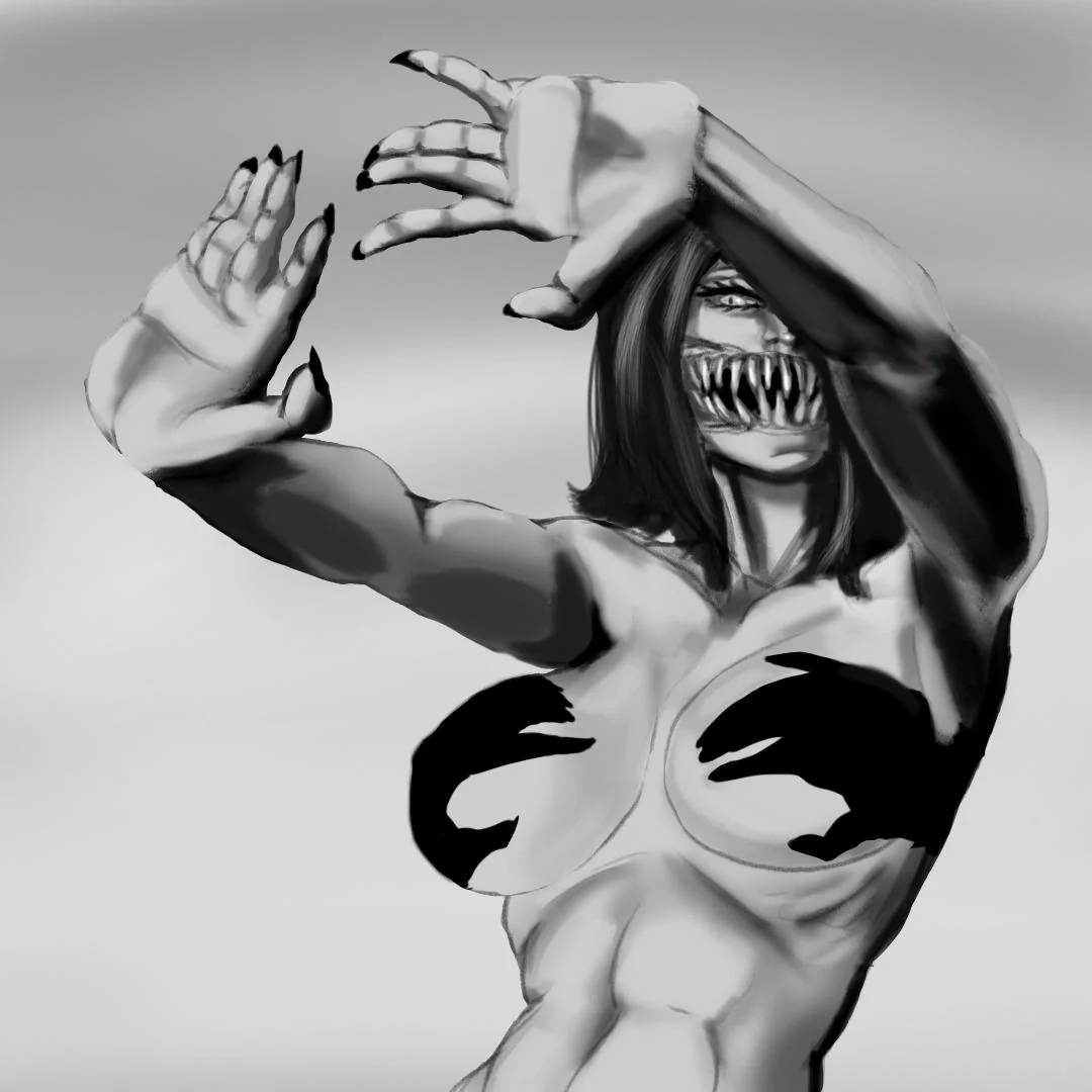 abs, athletic, athletic female, big breasts, breasts, hand bra, hand shadow, hands casting shadow, meme, mileena, mortal kombat, mortal kombat (2011), tagme