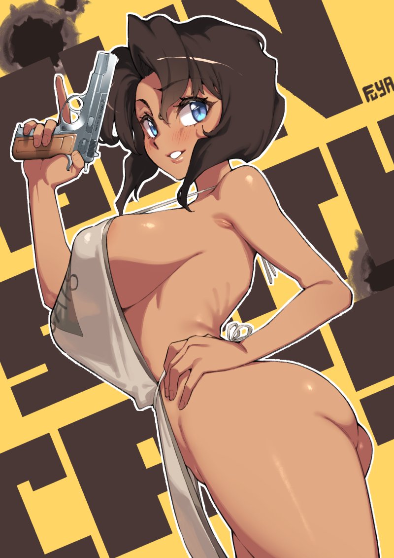 1girls, apron, apron only, ass, big breasts, blue eyes, blush, breasts, brown hair, female, female only, fuya (tempupupu), gun, gunsmith cats, hair, hand on hip, holding object, holding weapon, naked apron, rally vincent, short hair, side view, sideboob, smile, solo, solo female, thighs, weapon, white apron