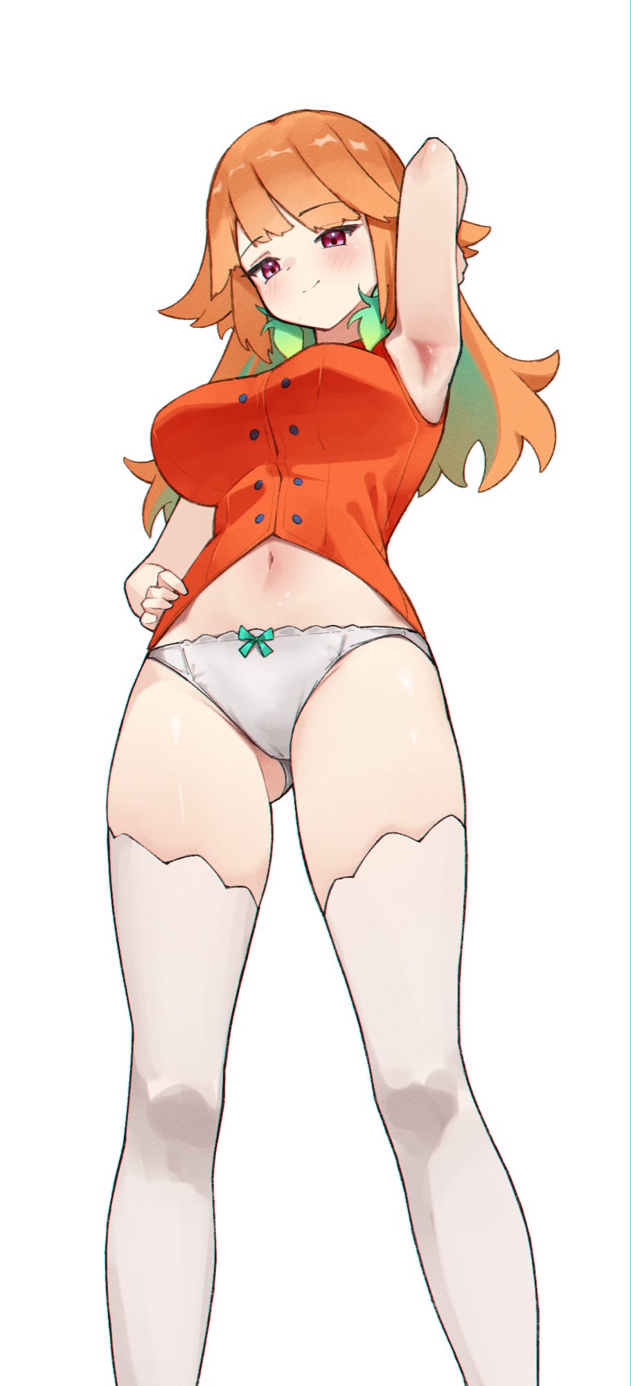 1girls, bitch, exhibitionism, exhibitionist, feather hair ornament, feathers, hololive, hololive english, hololive myth, huge breasts, large breasts, orange shirt, panties, shirt, skaarl (artist), slutty female, stockings, takanashi kiara, takanashi kiara (1st costume), thighhighs, vest, viewed from below, virtual youtuber, white legwear, white stockings, white thighhighs