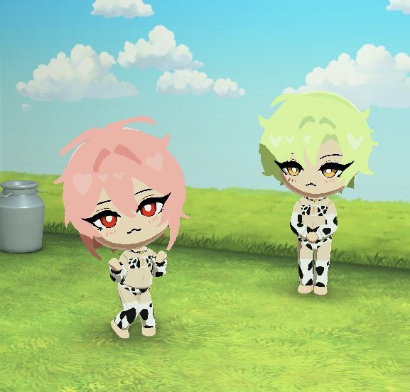 2 femboys, 2boys, 3d, blushing, brothers, brothers (lore), cel shading, chibi, cow bikini, cow print, cowkini, crossdressing, custom character, femboy, femboy only, femboys, guriguri cha, ingame, male only, mii, nintendo, screencap, screenshot, siblings, tagme, tomodachi life, tomodachi life: living the dream, twitter