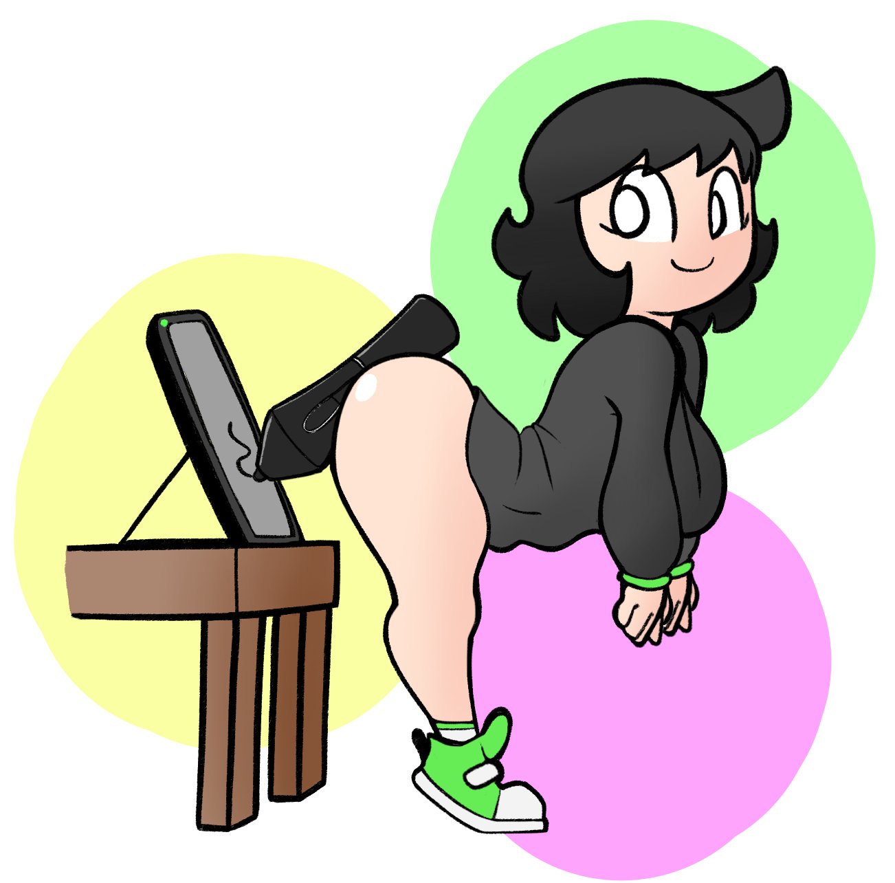 1girls, ass, ass focus, ass grab, ass up, big ass, big butt, butt, butt focus, butt grab, donita (donitaverde23), donita nsfw, drawing tablet, grabbing, human, looking back, mob face, oc, original character, self insert, smile, smiley face, solo, solo female, standing position, sugestive pose, wacom, wacom tablet