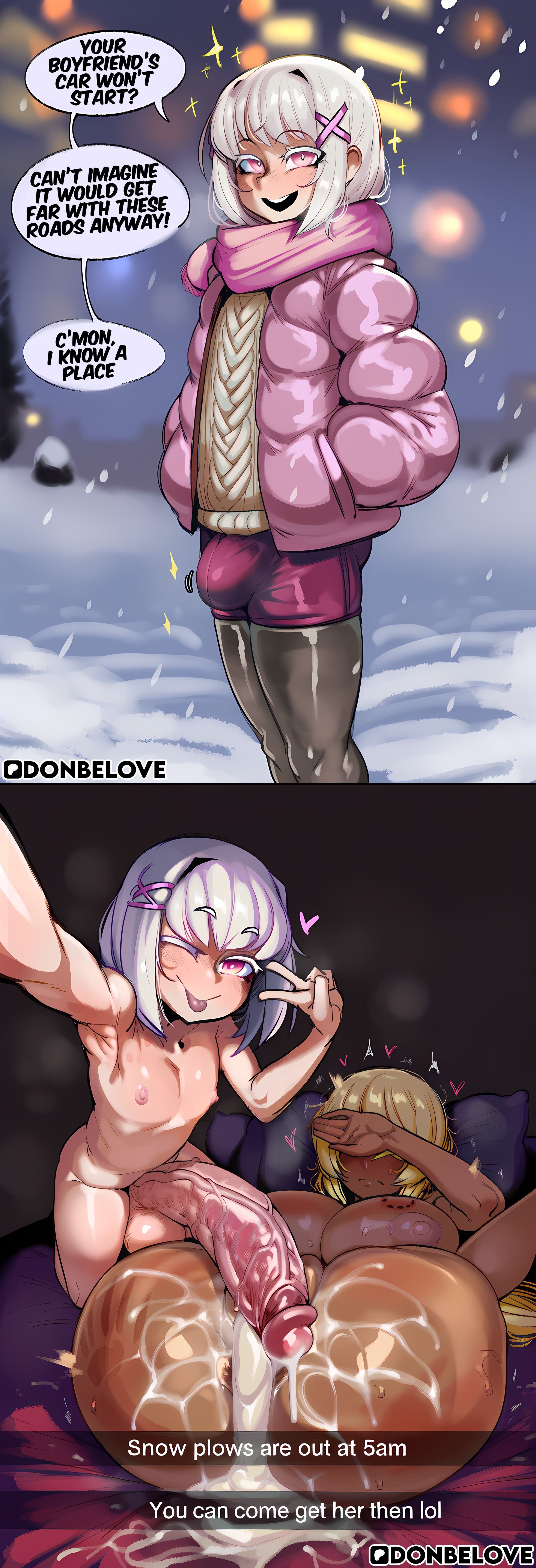 1boy, 2koma, after anal, after sex, ai generated, anus, ass, bite, bite mark, bite mark on breast, blonde hair, blush, boy on top, bulge, bulge through clothing, bulge under clothes, cheating, cheating female, cheating girlfriend, comic, completely nude, condom, covered testicles, covering face, covering own eyes, crossdressing, cucked by femboy, cuckold, cum, cum in ass, cum pool, cumdrip, dark skin, dark-skinned sub, donbeboys, earrings, english text, erection, excessive cum, femboy, femboy on female, femboydom, grin, hair ornament, hairclip, heart, hetero, huge bulge, huge penis, instant loss, jacket, large penis, looking at viewer, lying, makeup, male focus, mating press, netorare, nipples, ntr, nude, on back, open mouth, otoko no ko, pantyhose, peace sign, penis, pink eyes, pink jacket, purple eyes, scarf, selfie, sexting, short hair, shorts, slap, slap mark, smile, smug, snapchat, snow, snowing, speech bubble, stella (donbeboys), tease, teasing, teasing viewer, teeth, testicles, trap, uncensored, used condom, v, white hair, wink