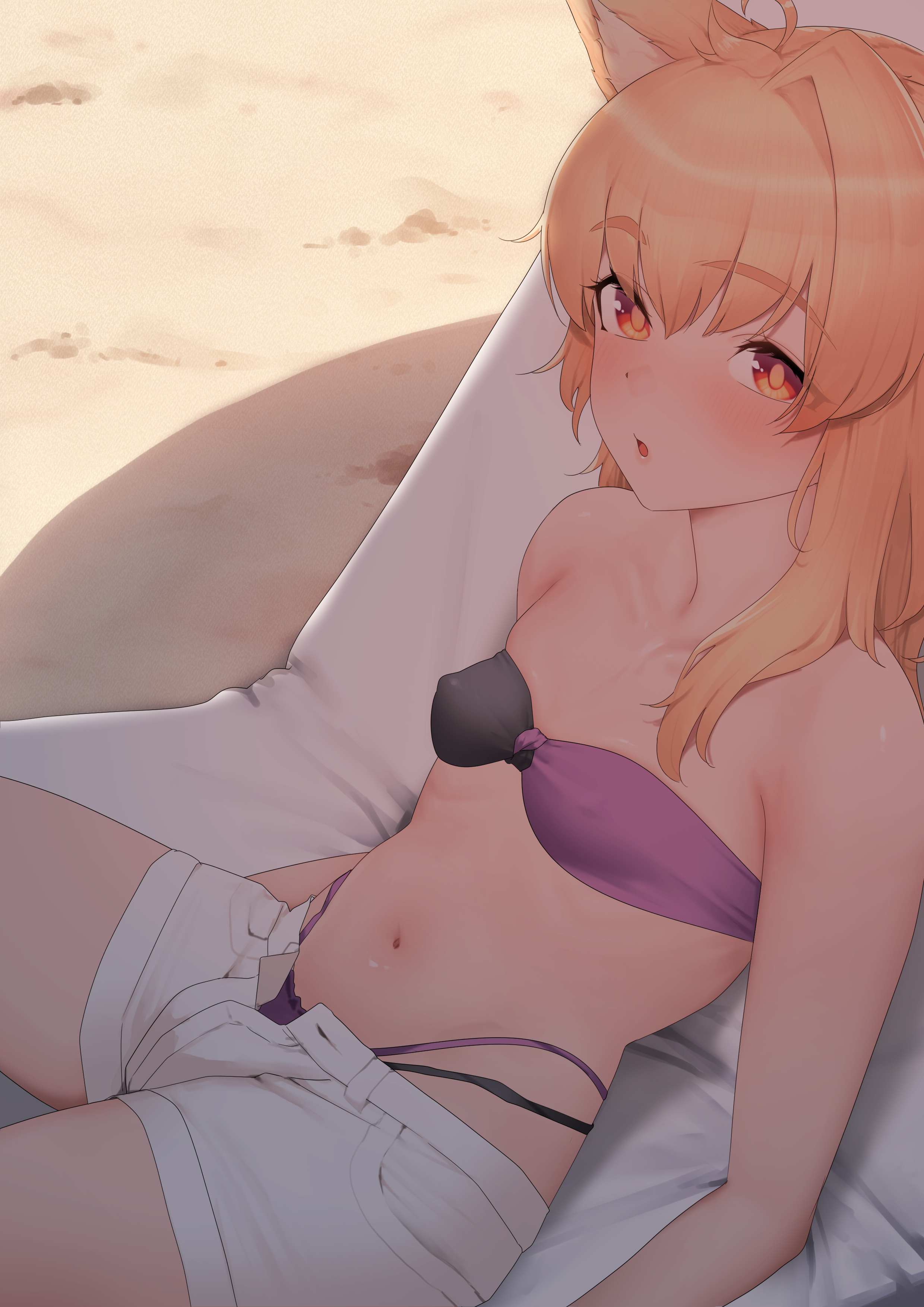 :o, 1futa, ahoge, animal ears, beach, bikini, black bikini, blonde hair, blush, breasts, flat chest, from above, front-tie bikini top, futanari, long hair, looking at viewer, multi-strapped bikini bottom, multicolored bikini, navel, on stomach, open fly, original, outdoors, parted lips, pukupukubu, purple bikini, sand, shorts, solo, two-tone bikini, white shorts, yellow eyes