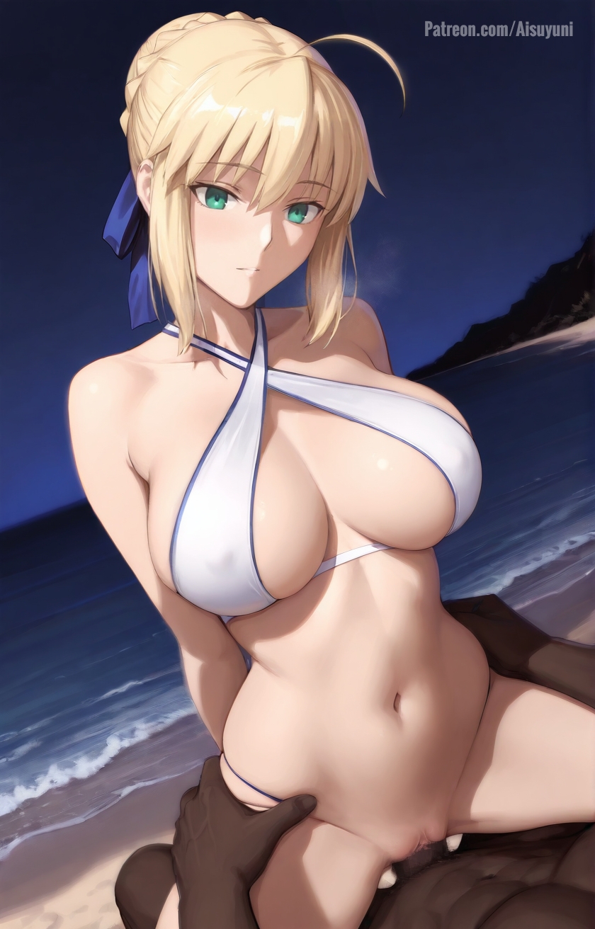 1boy, 1girls, ai generated, aisuyuni, artoria pendragon, beach, big breasts, bikini, blonde hair, breasts, cheating, cheating female, cheating girlfriend, cheating wife, cuckold, cuckolding, dark-skinned male, fate (series), fate/grand order, fate/stay night, grabbing hips, green eyes, interracial, interracial sex, large breasts, netorare, night, ntr, ribbon, saber, sea, swimsuit, vaginal penetration, vaginal sex
