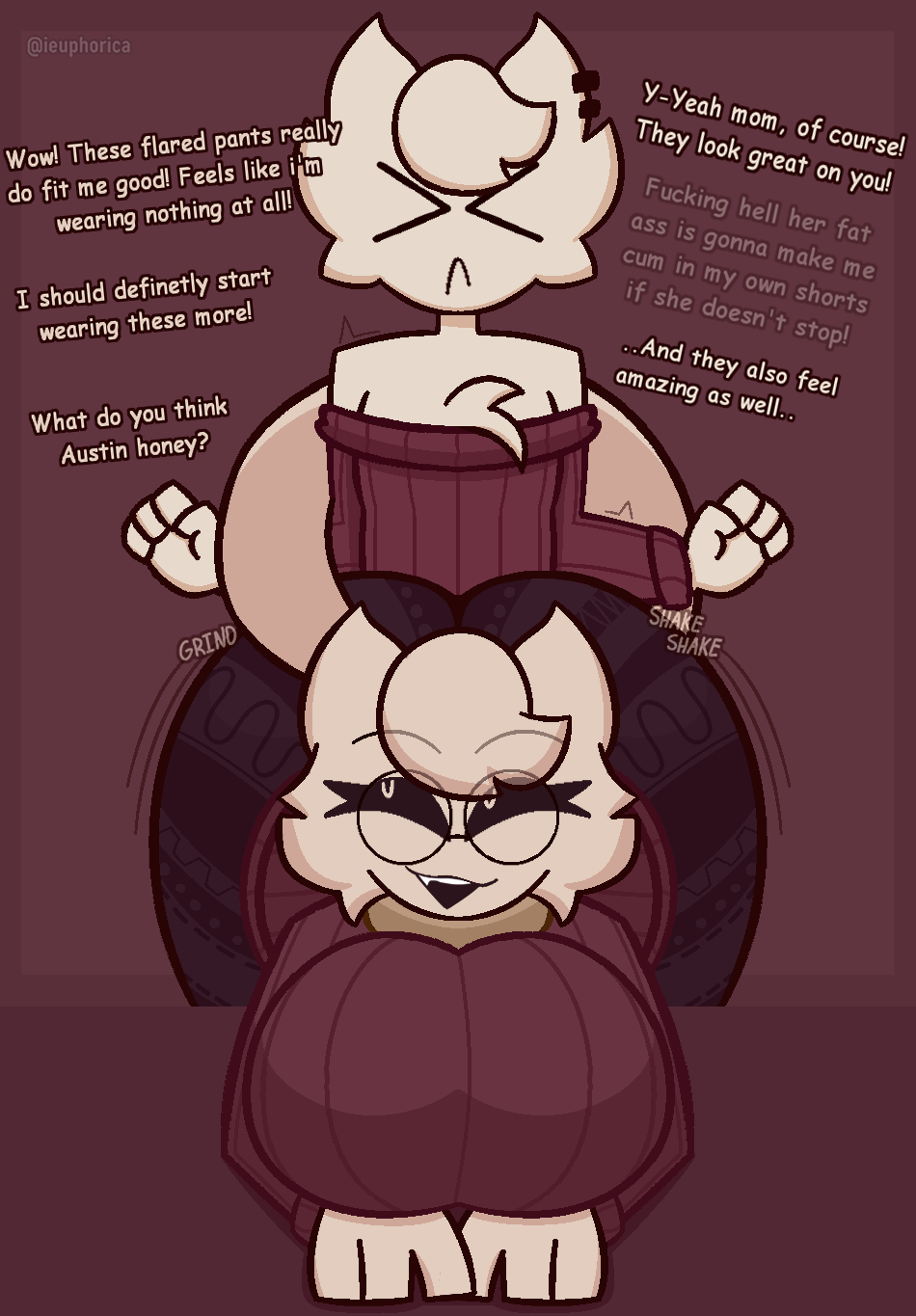 anthro, ass, austin (euphorica), balls, bedroom eyes, bent over, big balls, big breasts, big butt, big penis, bodily fluids, breasts, clothing, dirty talk, duo, ear piercing, edging, embarrassed, euphorica, eyewear, felid, fellatio, female, flare pants, genitals, glasses, grinding, grinding through clothes, incest, incest (lore), leaning, leggings, legwear, male, male/female, mammal, mother (lore), mother and child, mother and child (lore), mother and son, mother and son (lore), narrowed eyes, oral, original, original character, parent (lore), parent and child (lore), parent and son (lore), penile, penis, piercing, seductive, shaking, sharp teeth, size difference, smile, son (lore), sophie (euphorica), sweater, teeth, text, topwear, trembling
