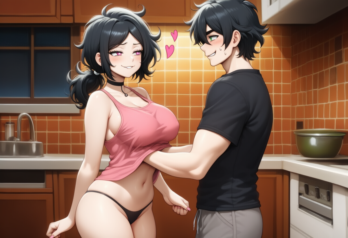 ai generated, andrew graves, ashley graves, boob squish, incest, little sister, older male and younger female, siblings, sleeveless shirt, tease, temptation, the coffin of andy and leyley, thong