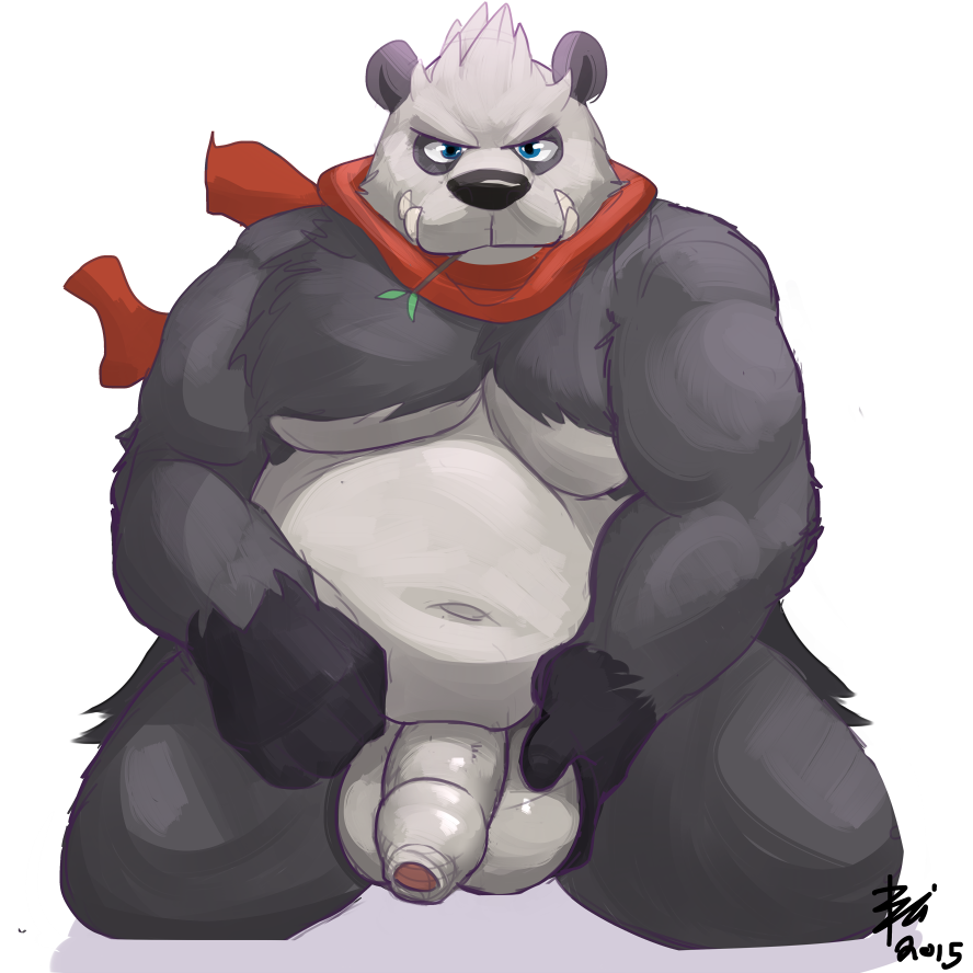 2015 anthro balls bandana bear biceps big_balls bin_(artist) chubby erection humanoid_penis kneeling looking_at_viewer male male_only mammal musclegut muscular nintendo nude panda pangoro penis pokemon scarf solo uncut video_games