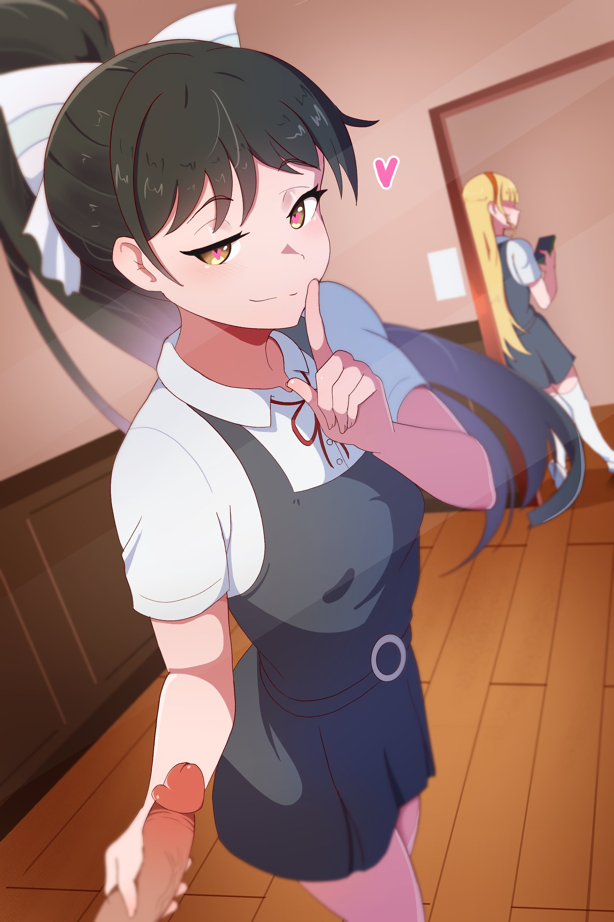 1boy, 2girls, absurdres, black hair, blonde hair, cellphone, commentary, dress, english commentary, erection, finger to mouth, grabbing another's penis, grey dress, hair ribbon, hairband, handjob, hazuki ren, heanna sumire, heart, heart-shaped pupils, highres, holding, holding phone, indoors, long hair, looking at phone, love live!, love live! superstar!!, multiple girls, naughty face, neck ribbon, niiru96, penis, phone, ponytail, red hairband, red ribbon, ribbon, school uniform, shirt, smartphone, smile, stealth handjob, stealth sex, summer uniform, symbol-shaped pupils, thighhighs, white ribbon, white shirt, white thighhighs, yuigaoka school uniform
