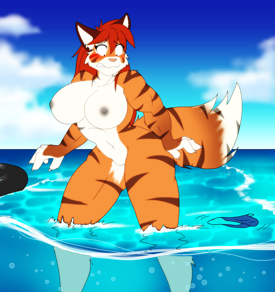 anthro breasts clothed clothing dracojeff feline female floatie fur futa_to_female gender_transformation hair_growth inner_tube katsuowota life_preserver lifesaver long_hair mammal naked nude orange_fur post_transformation pussy rubber_ring rule_63 solo stripes swimming_ring tiger topless transformation water_float