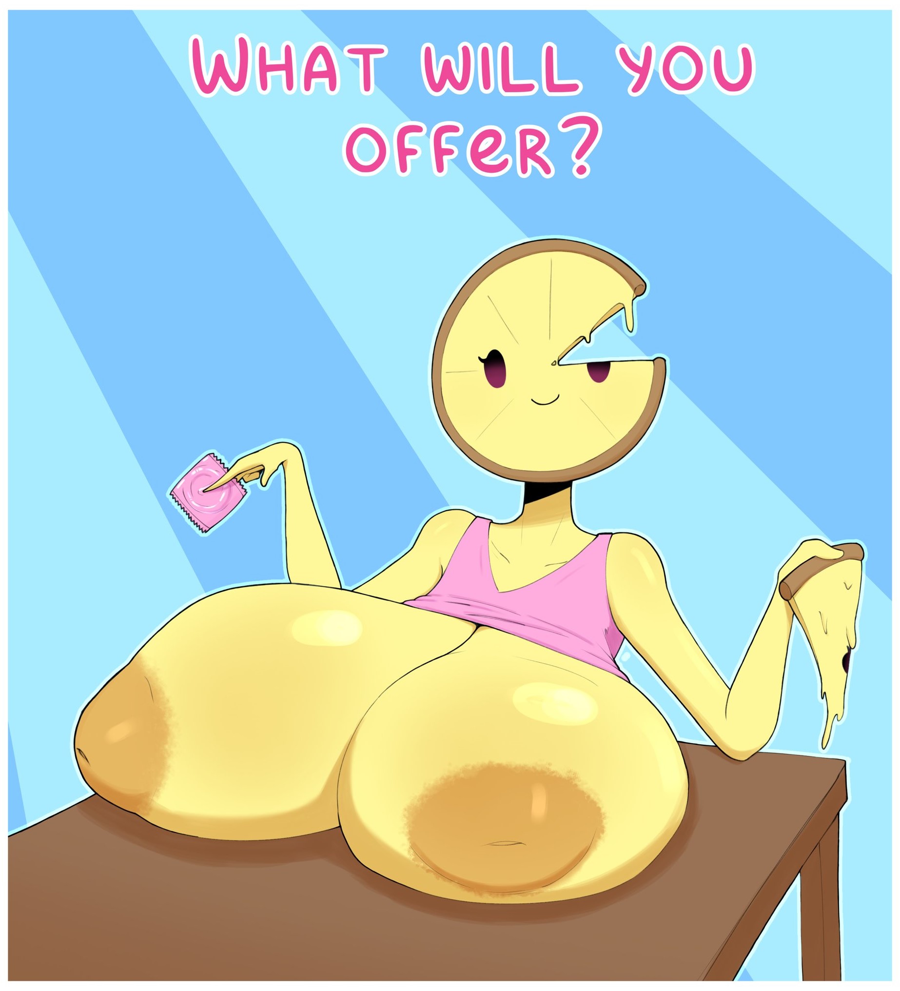 1girls, areolae, breasts out, condom, elevator posters (shojs), inverted nipples, megamor, nipples, pizza, simple background, spooky's house of jump scares, table, what will you offer?, yellow body