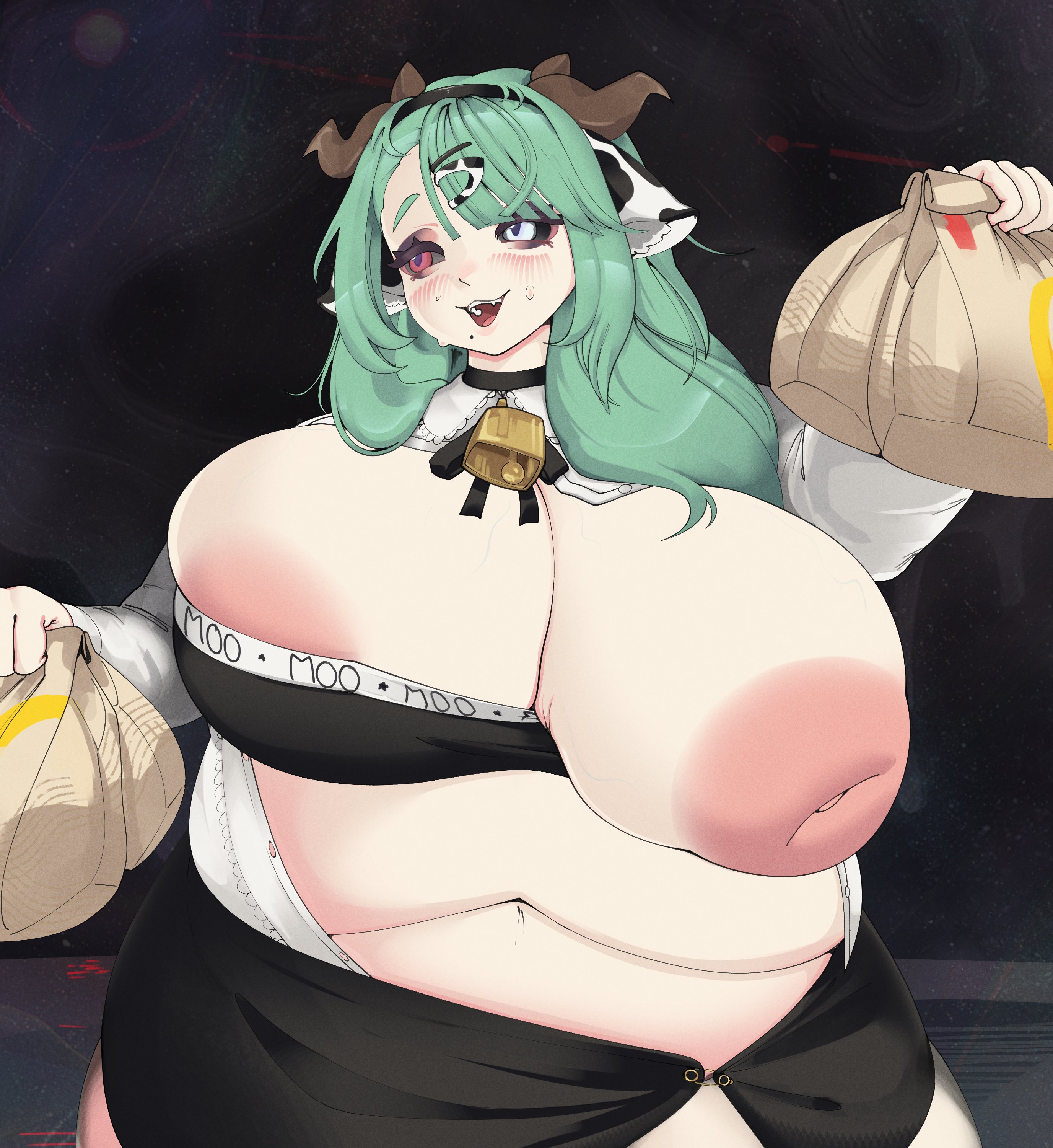 animal ears, areola, areolae, bbw, belly, belly button, big belly, big boobs, big breasts, big stomach, black background, black clothes, black ribbon, black sclera, blush, blushing, boobs, breast out, breasts, bursting breasts, bursting clothes, chubby, chubby female, clothed, clothed female, clothes, collar, cow ears, cow girl, cowbell, crelly, embarrassed, fast-food, fat, fat female, fat folds, green eyebrows, green hair, hair accessory, hair ornament, hairband, hairclip, heterochromia, holding object, horns, indie virtual youtuber, inverted nipples, light skin, light-skinned female, long hair, mcdonald's, mole, mouth open, nervous, nipples, obese, obese female, overweight, overweight female, paper bag, partially clothed, partially clothed female, pink areola, pink areolae, pink nipples, plump, puffy nipples, red eyes, ribbon, simple background, smorepi, standing, stomach, sweating, sweaty, virtual youtuber, vtuber, weight gain, white clothes, white eyes