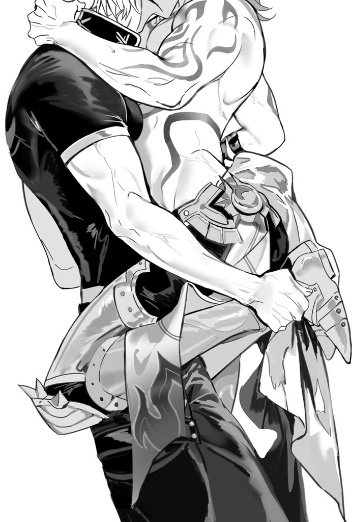 2boys, biceps, gay, half naked, heavy lifting, honkai: star rail, intimate, male, male only, manhandled, muscular male, mydei (honkai: star rail), phaidei (honkai: star rail), phainon, phainon (honkai: star rail), strong arms, yaoi