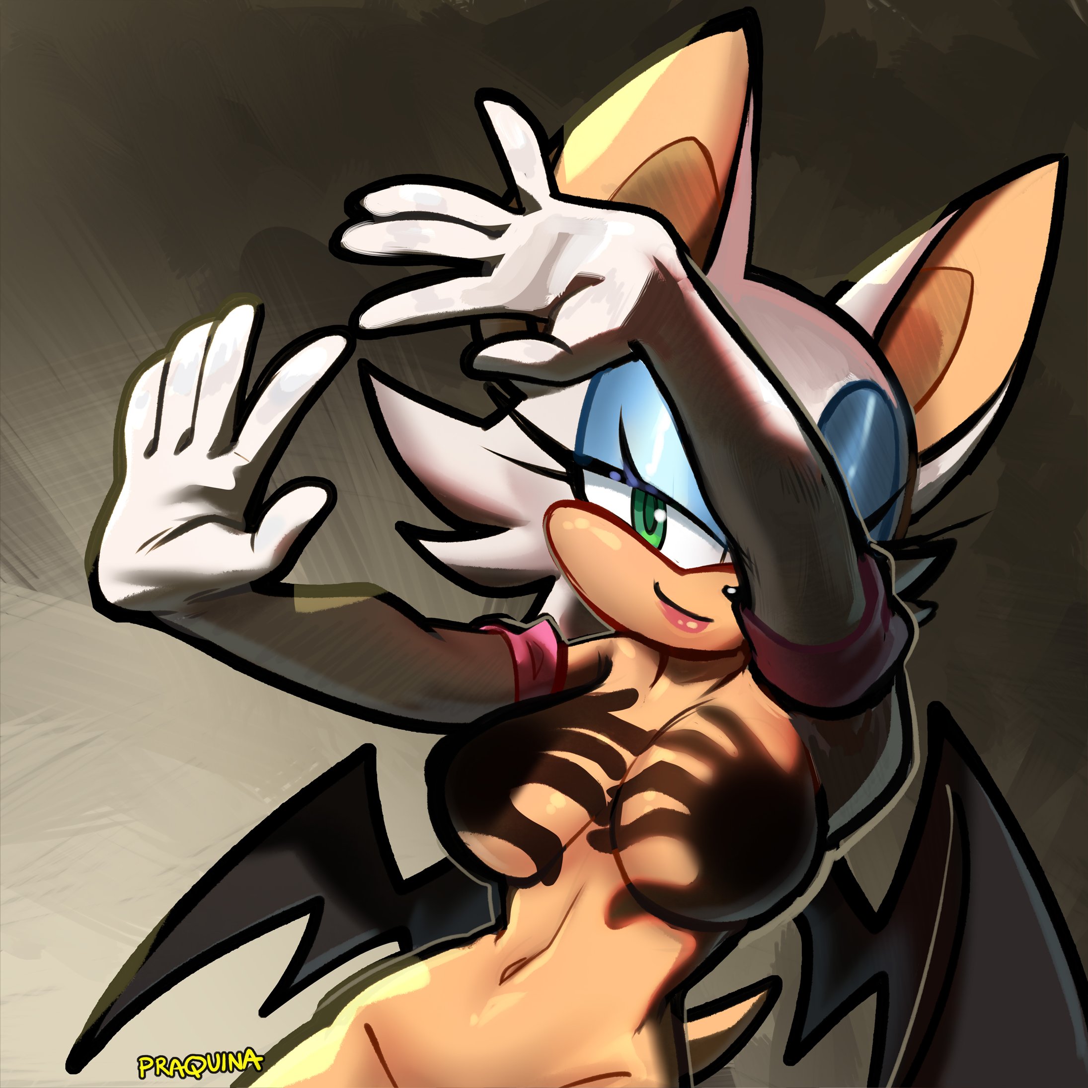 arms up, bat wings, big breasts, breasts, convenient censoring, elbow gloves, gloves, gloves only, green eye, hand shadow covering breasts (meme), hands casting shadow, looking at viewer, meme, nude, praquina, rouge the bat, shadow, sonic (series)