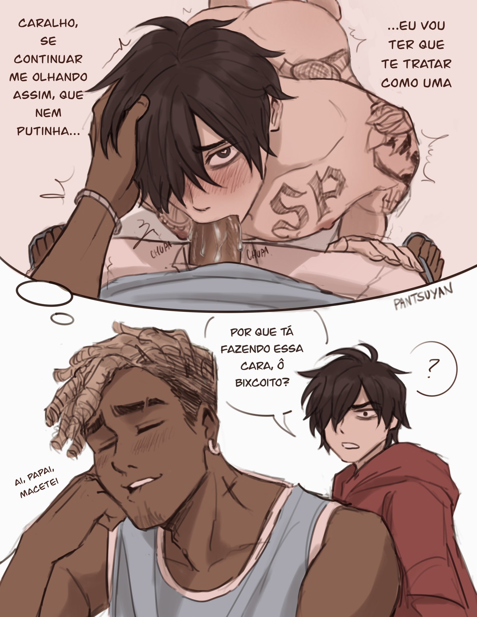 2boys, biting own lip, blowjob, brazilian, brazilian states, closed eyes, confused, dark-skinned male, emo, fantasizing, gay, goatee, interracial, male/male, nikkiyan, nude, pale-skinned male, pantsuyan, portuguese text, rio de janeiro (nikkiyan), sao paulo (nikkiyan), speech bubble, tattoo, yaoi