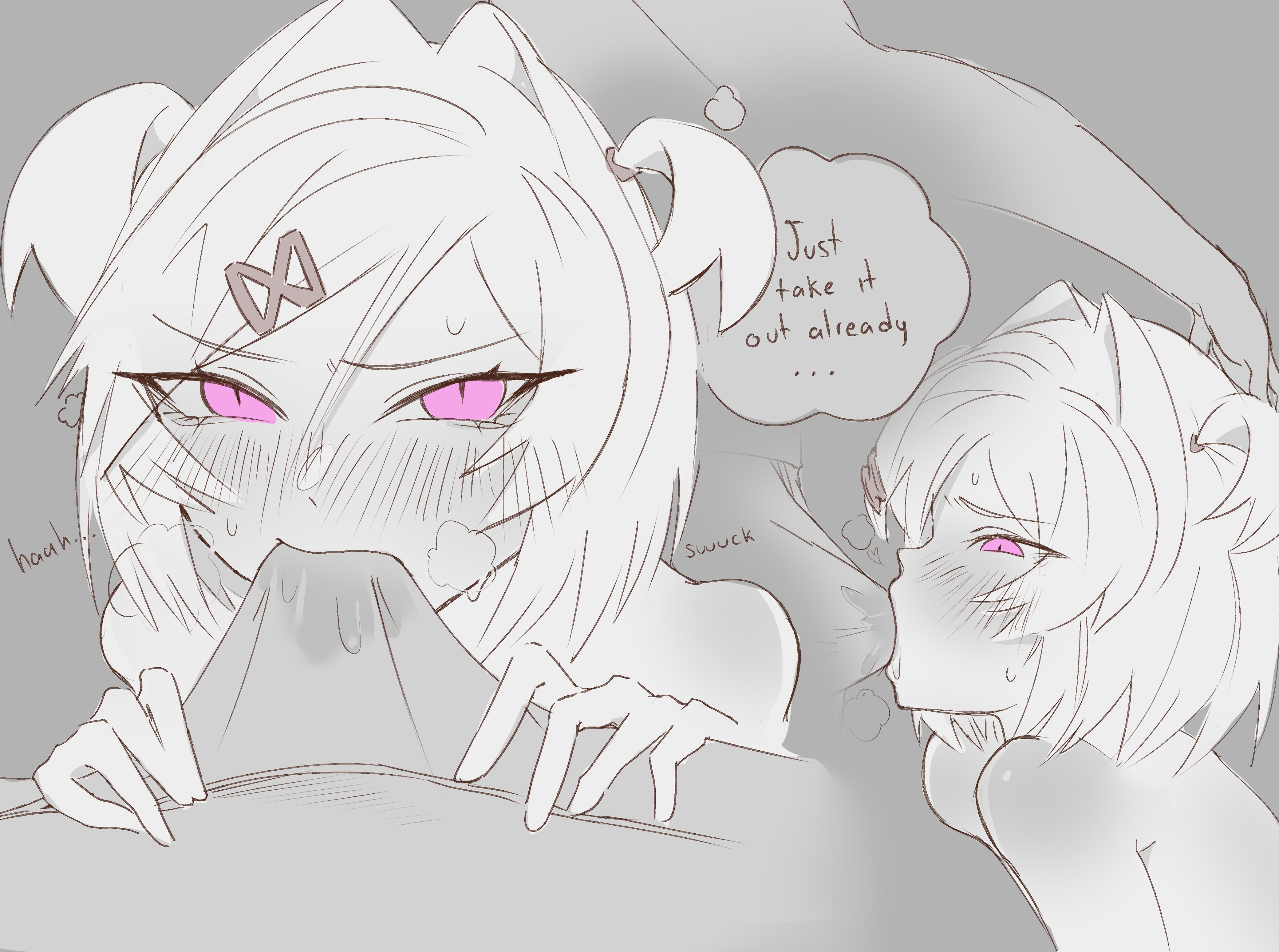 1boy, 1girls, blush, doki doki literature club, exspiravitbag, fellatio, fellatio over clothes, female, greyscale, looking at viewer, male, male pov, monochrome, natsuki (doki doki literature club), oral, pov, text