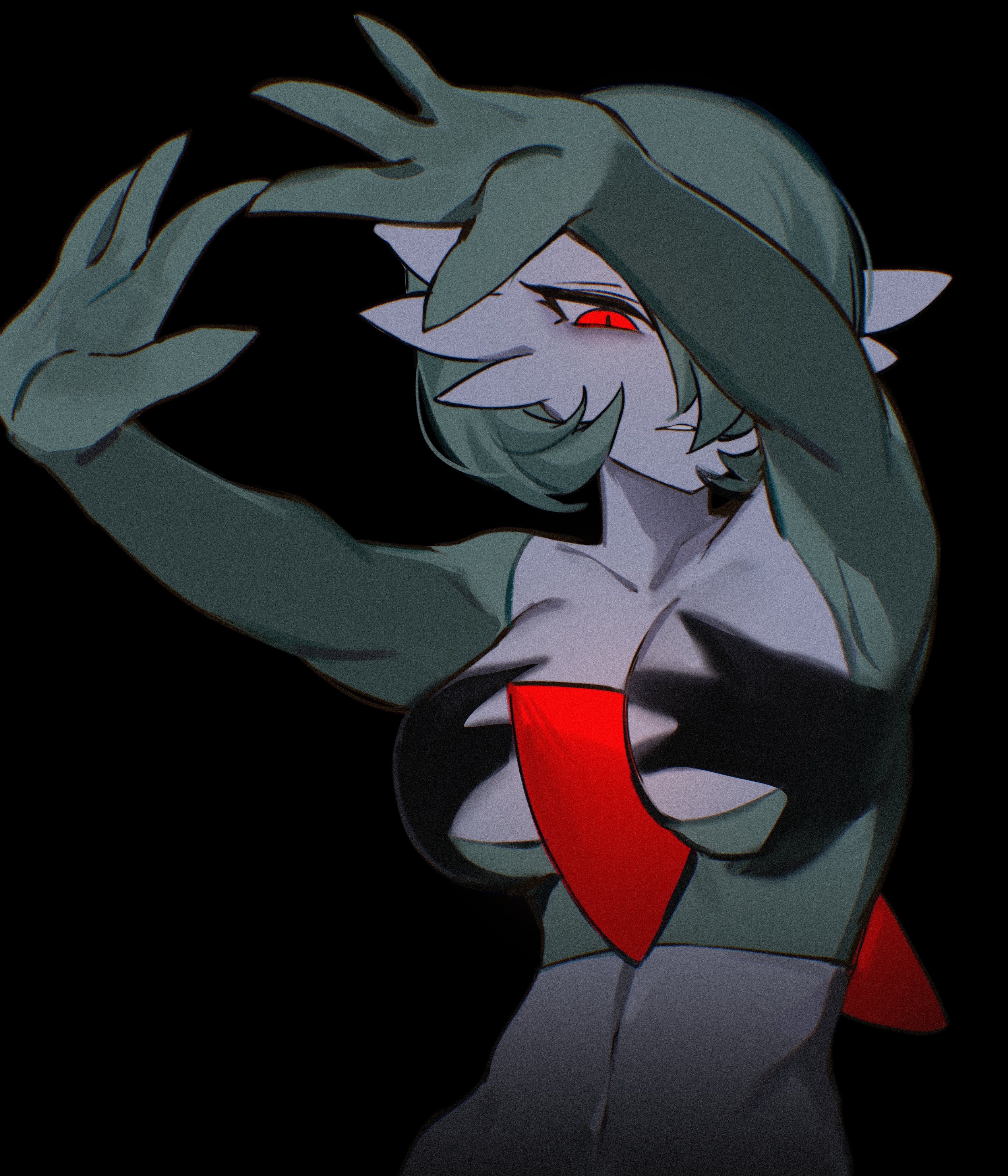 1girls, anthro, anthro only, arms extended, artistic nude, big breasts, breasts, chest spike, chunniwa, convenient censoring, covering breasts, female, female only, game freak, gardevoir, green hair, hands casting shadow, nintendo, pokemon, pokemon (species), pokemon rse, red eyes, solo, solo anthro, solo female, tagme