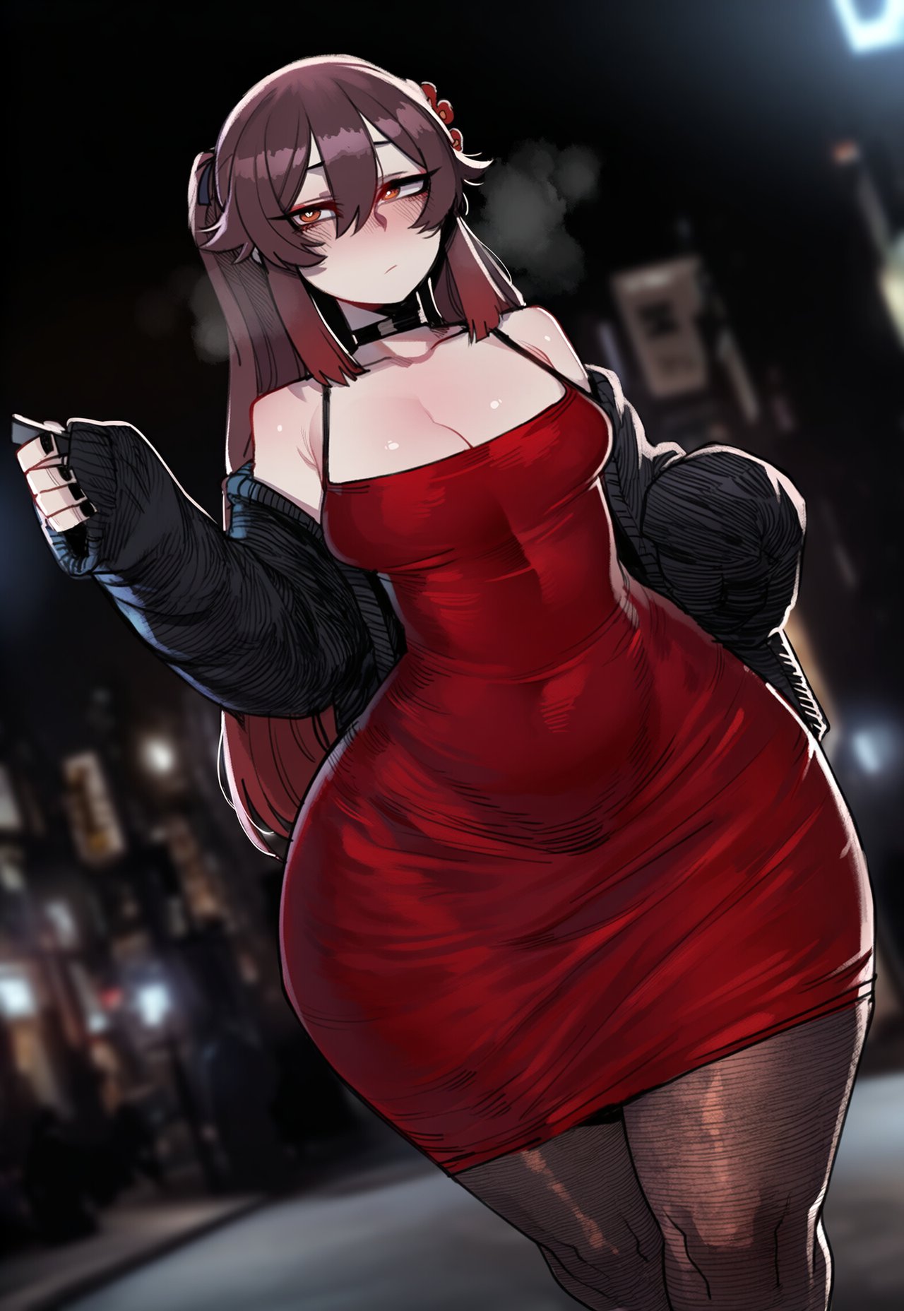 1girls, ai generated, breasts, cr00wy, female, female focus, female only, genshin impact, hu tao (genshin impact), large breasts, light skin, light-skinned female, solo, thick thighs, thighs, wide hips