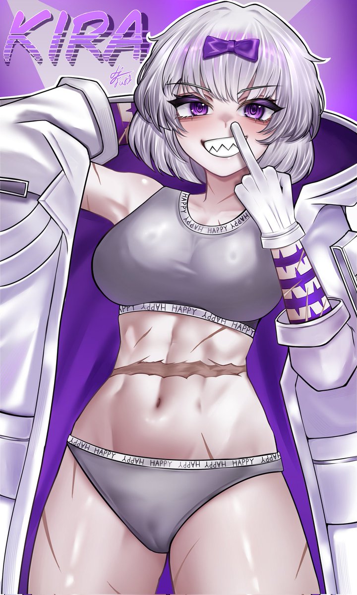 armpit, armpits, arms up, artist name, belly, belly button, big breasts, bowtie, bra, breasts, camel toe, cameltoe, coat, coat on shoulders, furidrawing, kira (limbus company), limbus company, long ahh finger lmao, looking at viewer, looking down, looking down at viewer, medium breasts, middle finger, panties, project moon, purple eyes, scar, scar on chest, scar on stomach, sharp teeth, shoulders, sports bra, sportswear, tagme, tattoo, tattoo on arm, tattooed arm, tattoos, teeth, the middle (identity) (project moon), the middle (project moon), thick, thick hips, thick thighs, thighs, white hair