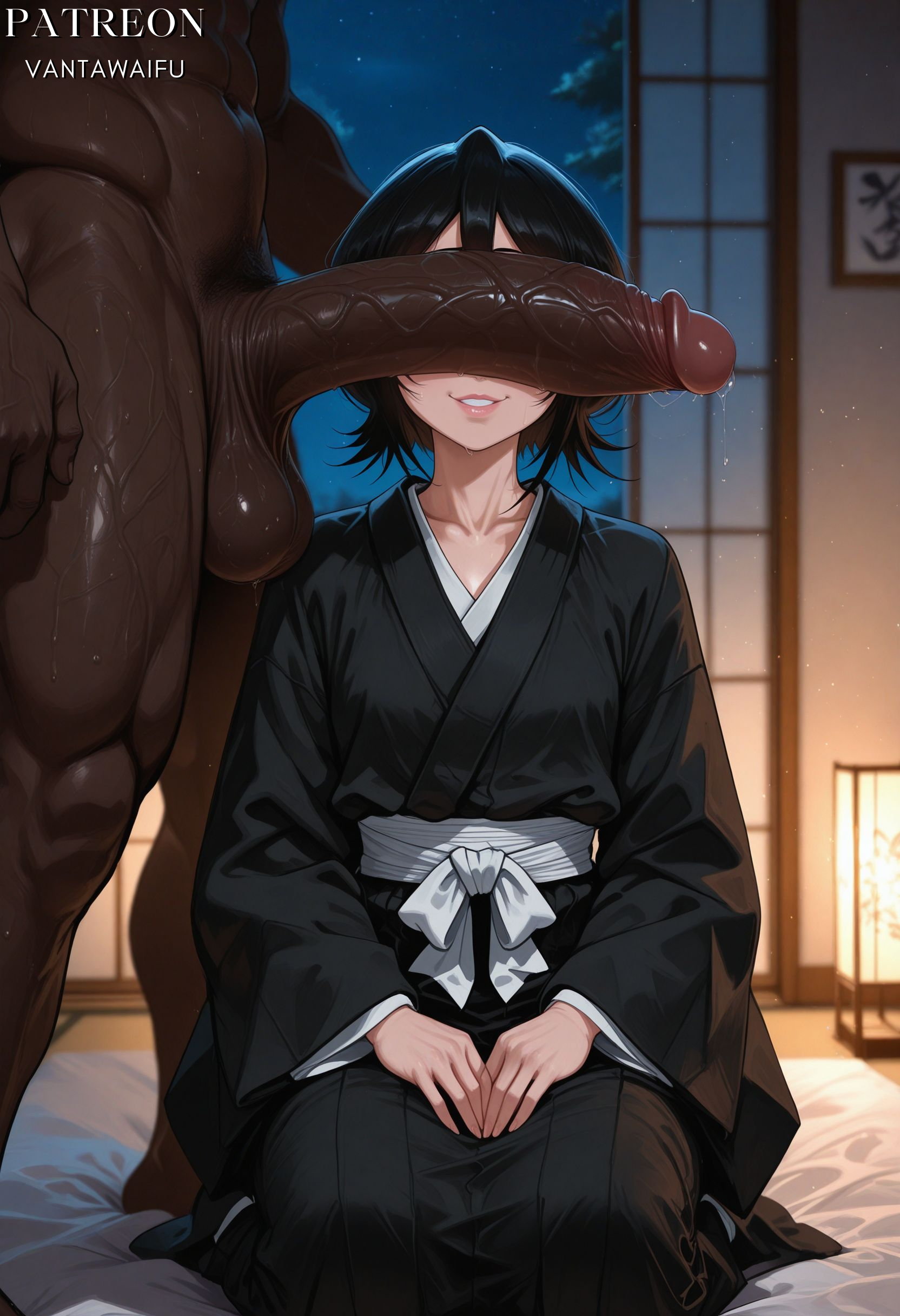 , 1boy, 1girl, abs, ai generated, artist name, black hair, black hakama, black kimono, bleach, blush, breasts, clothed female nude male, clothing, collarbone, completely nude, dark skin, dark-skinned male, erection, female, full body, futon, grin, hair between eyes, hakama, hetero, huge penis, indoors, interracial, japanese clothes, kimono, kuchiki rukia, lamp, lantern, large penis, large testicles, long sleeves, looking at penis, male, male pubic hair, muscular, night, night sky, nude, obi, parted lips, penis, penis awe, penis on face, penis over eyes, precum, pubic hair, robe, sash, seiza, short hair, shouji, sitting, sky, sliding doors, smile, solo focus, standing, sweat, teeth, testicles, traditional clothes, vantawaifu, veins, veiny penis, very dark skin, wafuku, white sash, wide sleeves