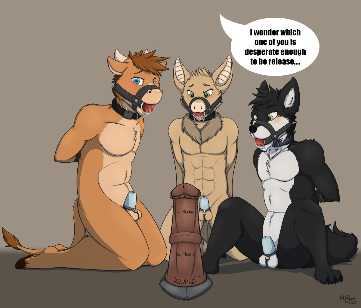 2015, anthro, ball gag, bat, bondage, bound, bovine, canine, chastity, chastity cage, chastity device, collar, dialogue, dildo, english text, equine dildo, fruit bat, fur, furry, gag, group, hair, horn, male, male chastity, mammal, milodesty, nude, orgasm denial, original, original character, penis, sex toy, submissive, text, wings, wolf, yaoi