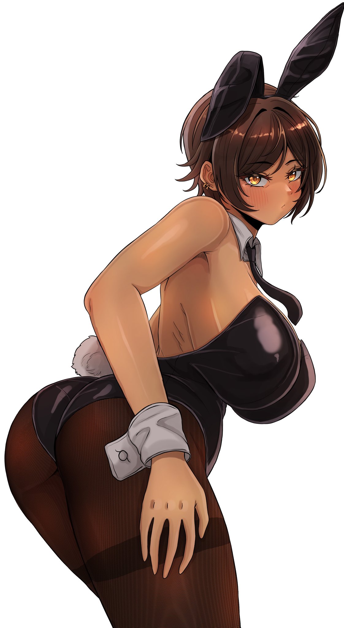 1girls, 2026, 2d, 2d (artwork), ass, bbambi, big breasts, blush, boobs, breasts, brown hair, brown skin, bunny ears, bunny girl, bunny tail, bunnysuit, butt, color, colored, digital media (artwork), fake animal ears, female, female only, fishnets, hi res, large breasts, legwear, light skin, light-skinned female, limbus company, looking at viewer, mature, mature female, outis (limbus company), pantyhose, project moon, simple background, solo, thick thighs, thighs, tits, white body