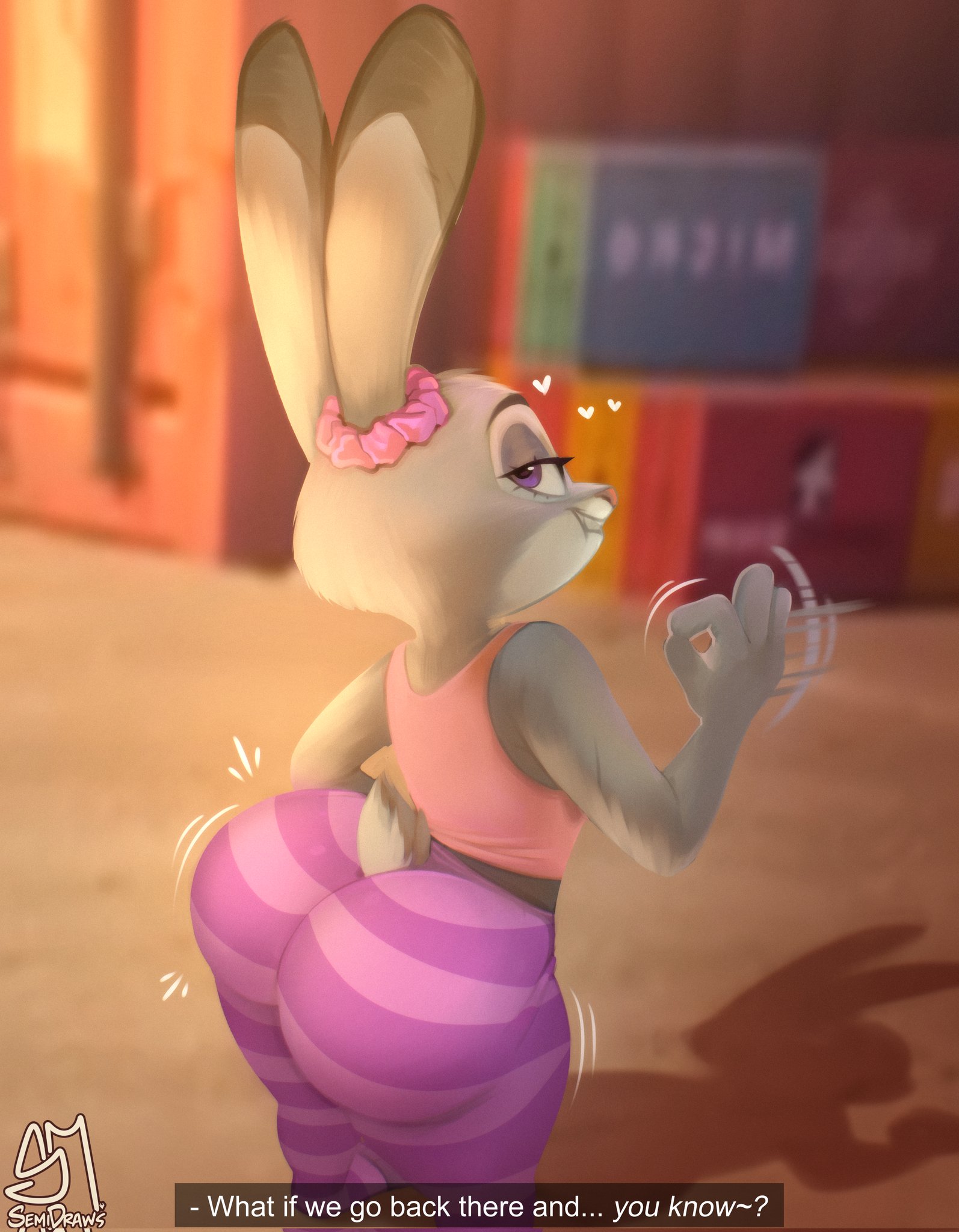 1girls, anthro, big ass, big butt, bunny girl, bunny tail, butt focus, disney, female, from behind, furry, furry female, horny female, huge ass, inviting to sex, judy hopps, large ass, legwear, looking back, motion lines, pants, rabbit girl, rear view, seductive, seductive look, semidraws, shortstack, solo, spandex, spandex pants, striped legwear, striped pants, text, thick thighs, thighs, zootopia, zootopia 2, zootropolis