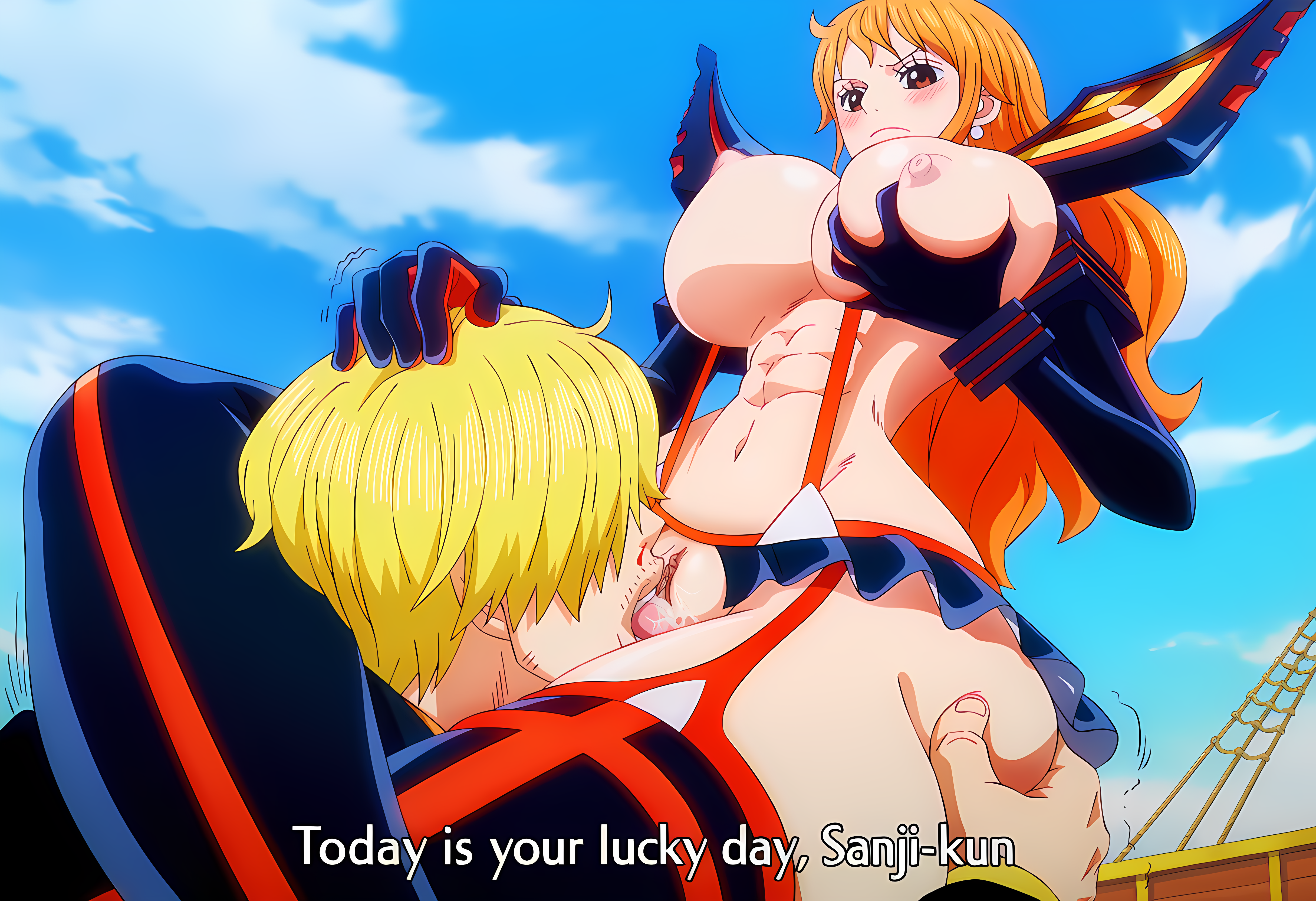 1boy, 1girl, 1girls, abs, ai generated, ass grab, ass squeeze, blonde hair, blonde-haired male, bloody nose, braces, breast squeeze, crushing, cunnilingus, domination, female, from below, head between thighs, huge breasts, labia, licking pussy, male, nami (one piece), nipples, one piece, orange hair, orange-haired female, pussy, self upload, senketsu, submissive female, subtitled, thick thighs, thighhighs, vinsmoke sanji, waifuheaven