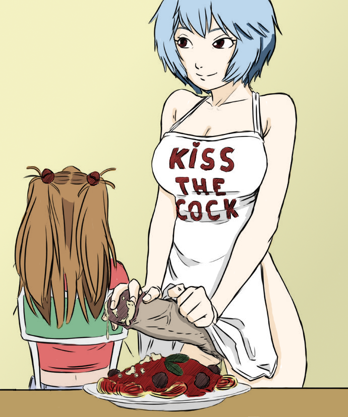 1futa 1girls apron asuka_langley_sohryu bb breasts cleavage cum drawfag food food_play futanari human intersex kiss_the_cook large_breasts naked_apron neon_genesis_evangelion penis penis_under_apron rei_ayanami ruining_food smegma