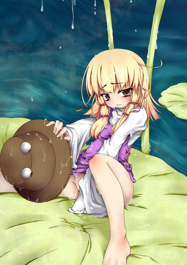 barefoot blonde_hair blush eyes hat hat_removed headwear_removed highres hujimi lily_pad masturbation no_panties pyonta short_hair solo suwako_moriya touhou yellow_eyes