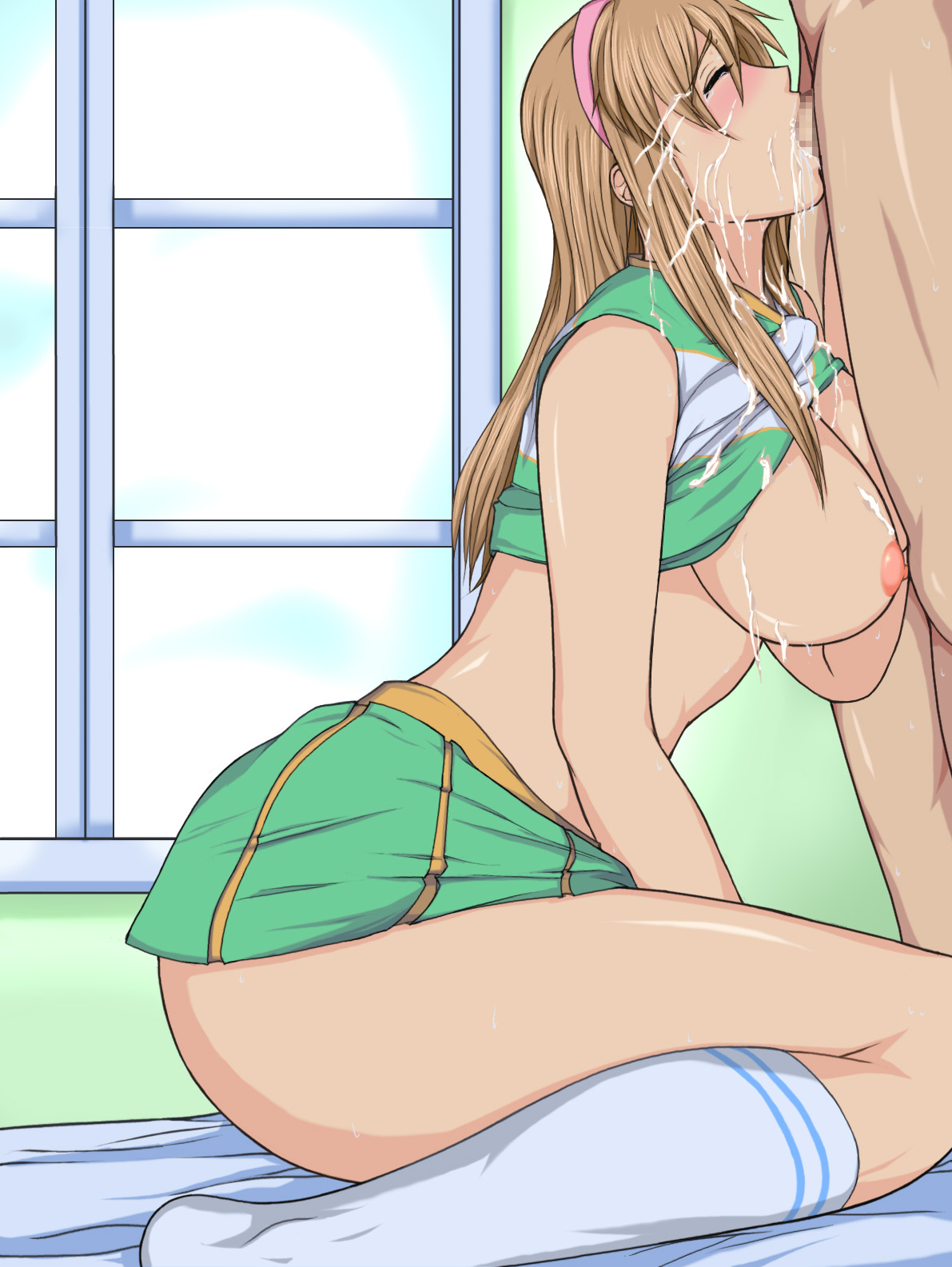 ass, big ass, breasts, censored, cheerleader, cum, cum in mouth, cum on body, cum on breasts, cum on hair, cum on upper body, dead or alive, deepthroat, fellatio, female, footwear, green skirt, gureko rouman, hair, highres, hitomi (doa), huge breasts, human, humanoid, kneeling, large breasts, long hair, male, nipples, oral, shirt lift, skirt, socks, straight, sweat, tears, tecmo, thick thighs, thighs