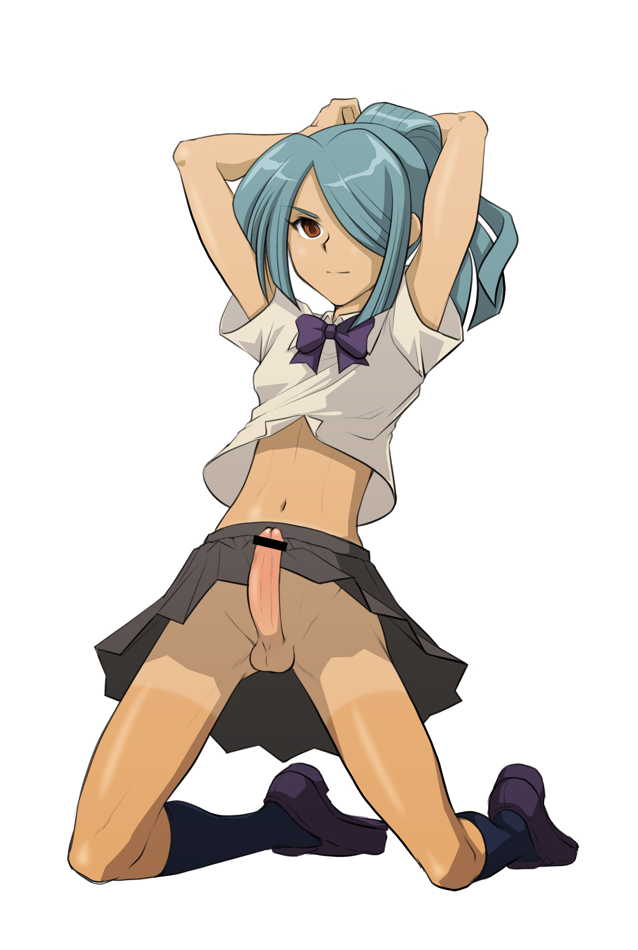 1boy, androgynous, aqua hair, balls, blue hair, bricola, brown eyes, censored, crossdressing, erection, femboy, footwear, hair over one eye, high resolution, ichirouta kazemaru, inazuma eleven, inazuma eleven (series), long hair, male, male only, no panties, one eye covered, penis, pointless censoring, school uniform, shirt lift, shoes, simple background, skirt, skirt lift, socks, solo, tan, tanline, testicles, trap, white background