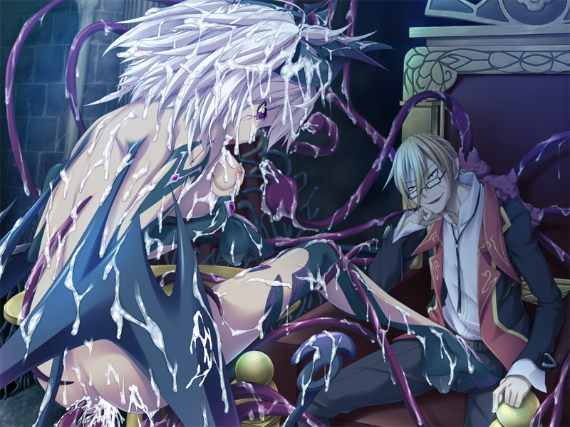 bukkake censored cum cum_inside game_cg maou_no_musume_wa_chou_namaiki_!! purple_eyes relic succubus tentacle white_hair