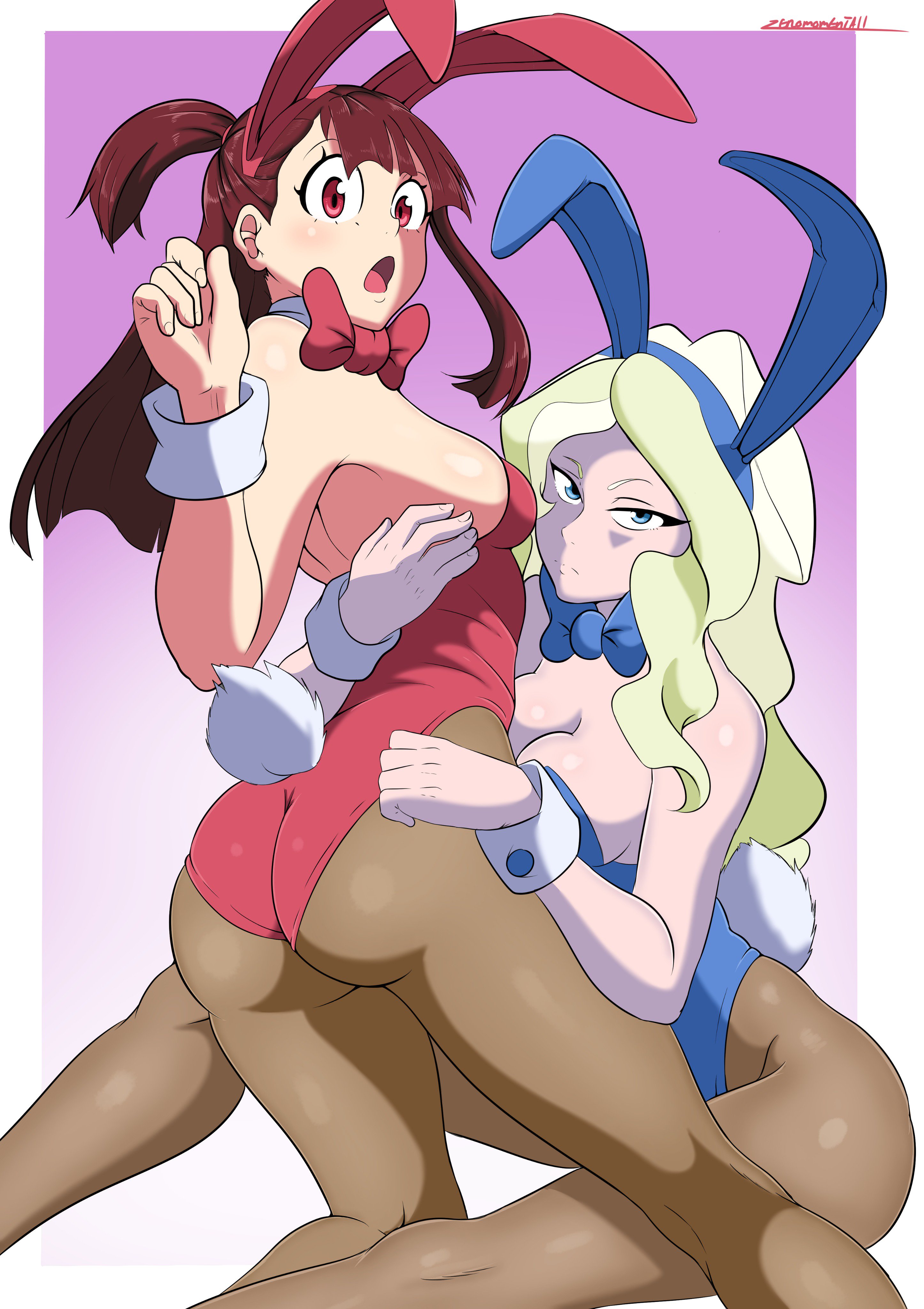 2girls, ass, atsuko kagari, bunny ears, bunny girl, bunnysuit, diakko, diana cavendish, female, holding, little witch academia, looking at viewer, looking back, multiple females, multiple girls, pantyhose, yuri, zeromomentai