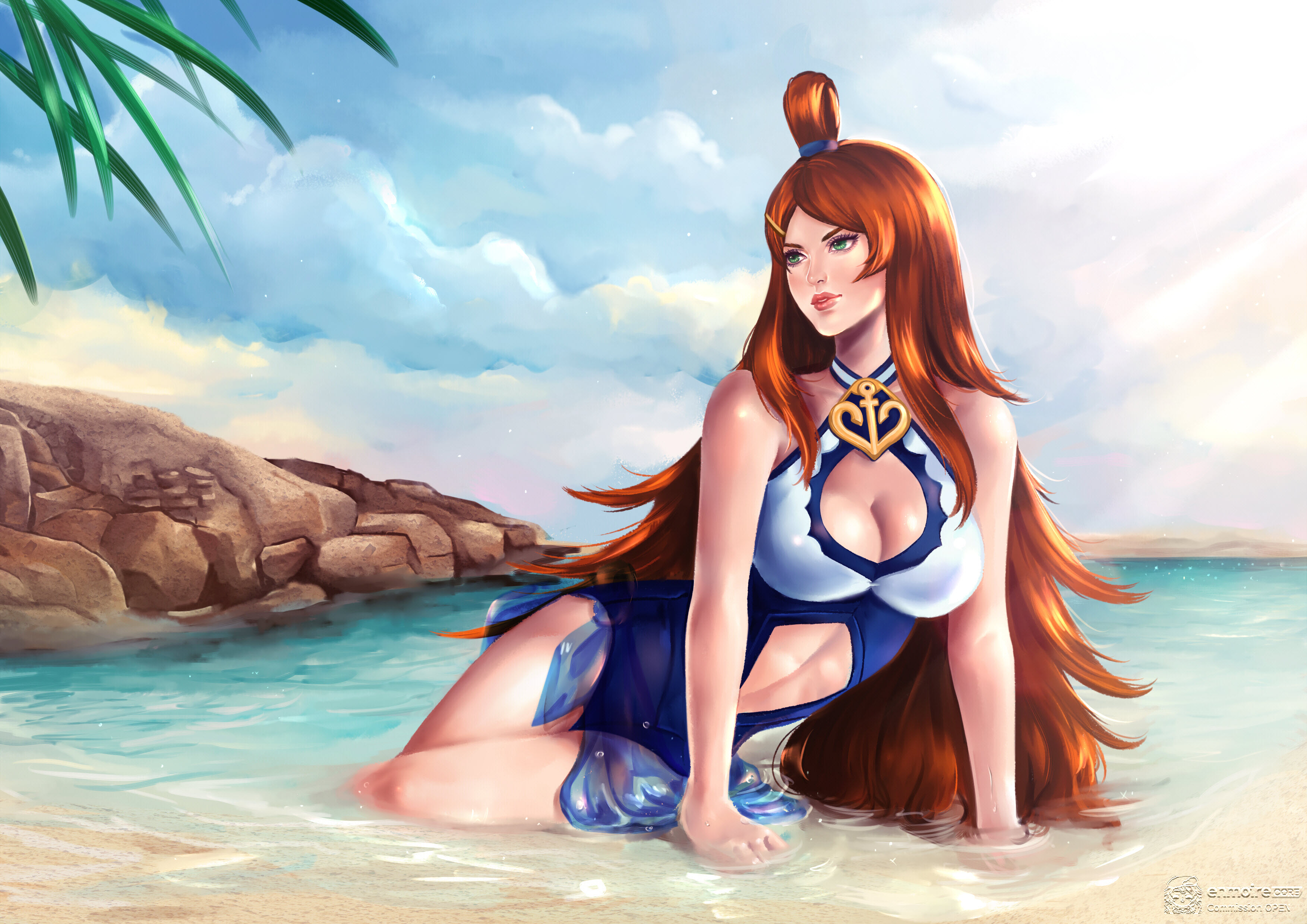 1girls, arm support, bare shoulders, beach, big breasts, blush, breasts, brown hair, busty, cleavage, cleavage cutout, clothed female, cutout, enmoire, female, female only, green eyes, kneeling, lipstick, long hair, lying, makeup, mei terumi, naruto, naruto (series), naruto shippuden, ocean, on side, swimsuit, tied hair, topknot, water