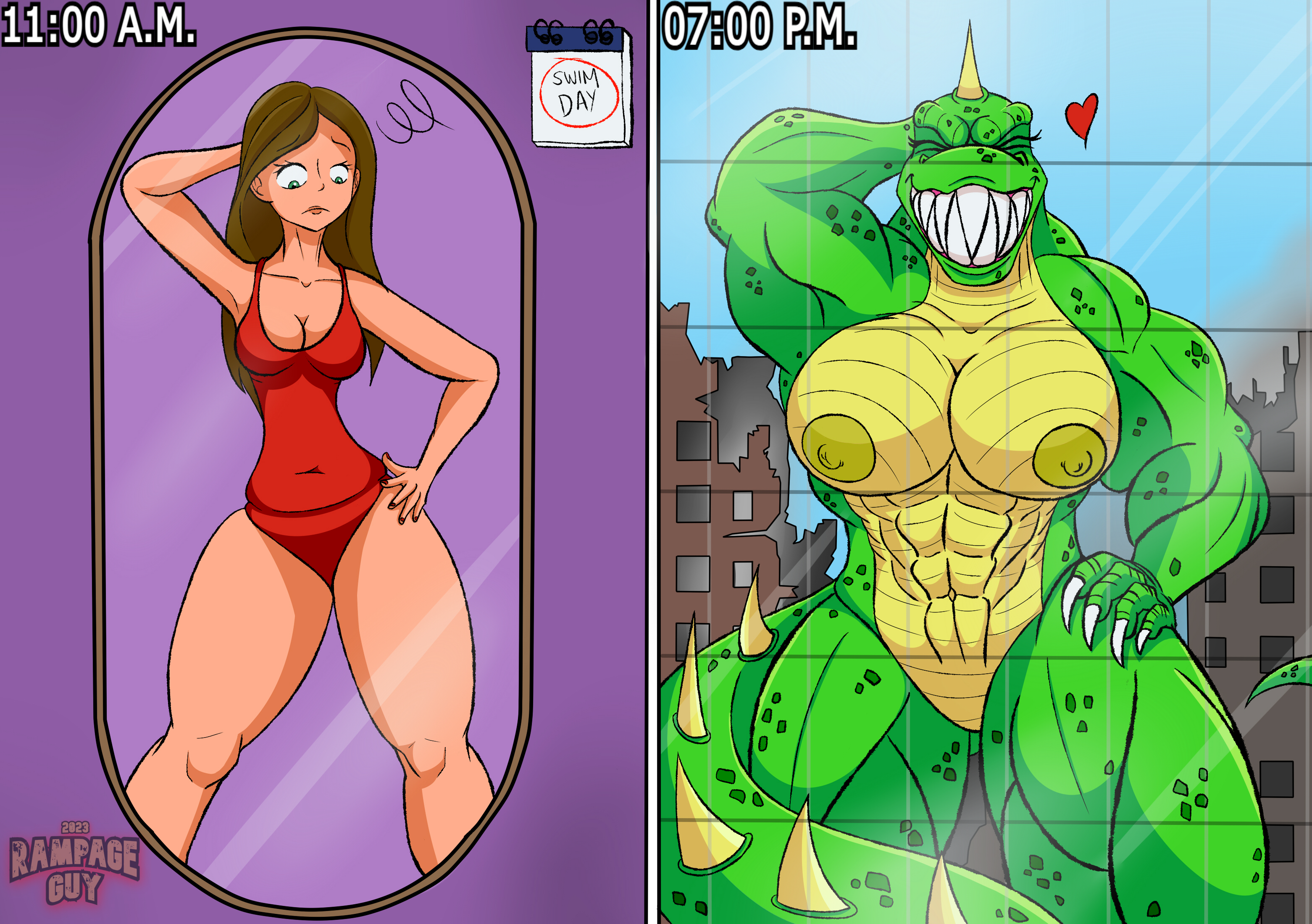 after transformation, anthro, before and after, big breasts, bikini, breasts, brown hair, building, building destruction, city, cityscape, claws, clothed, clothing, destruction, dialogue, dinosaur, eyelashes, female, green body, hair, hand behind head, heart symbol, hi res, huge breasts, implied transformation, kaiju, lizard, lizzie (rampage), macro, mirror, muscular, muscular anthro, muscular female, nude, partially clothed, pose, prehistoric species, rampage, rampage (game), rampageguy, reflection, reptile, scalie, sharp teeth, skyscraper, smile, solo, spiked tail, spikes, spikes (anatomy), swimwear, tail, teeth, text, thick thighs, toe claws, transformation, two-piece swimsuit, yellow body