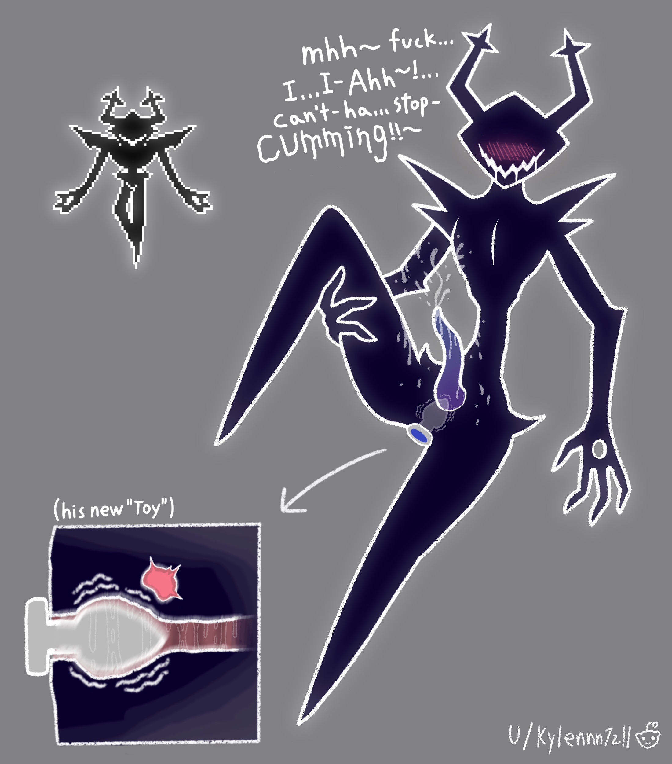1boy, accurate body type, accurate proportions, anal, anthro, antlers, blush, buttplug, cum, cumming, cumshot, deer, deltarune, drooling, ejaculation, english dialogue, english text, furry, gay, internal, male, masturbation, penis, reference image, roaring knight, sex toy, skinny, solo, stigmata, tentacle penis, text