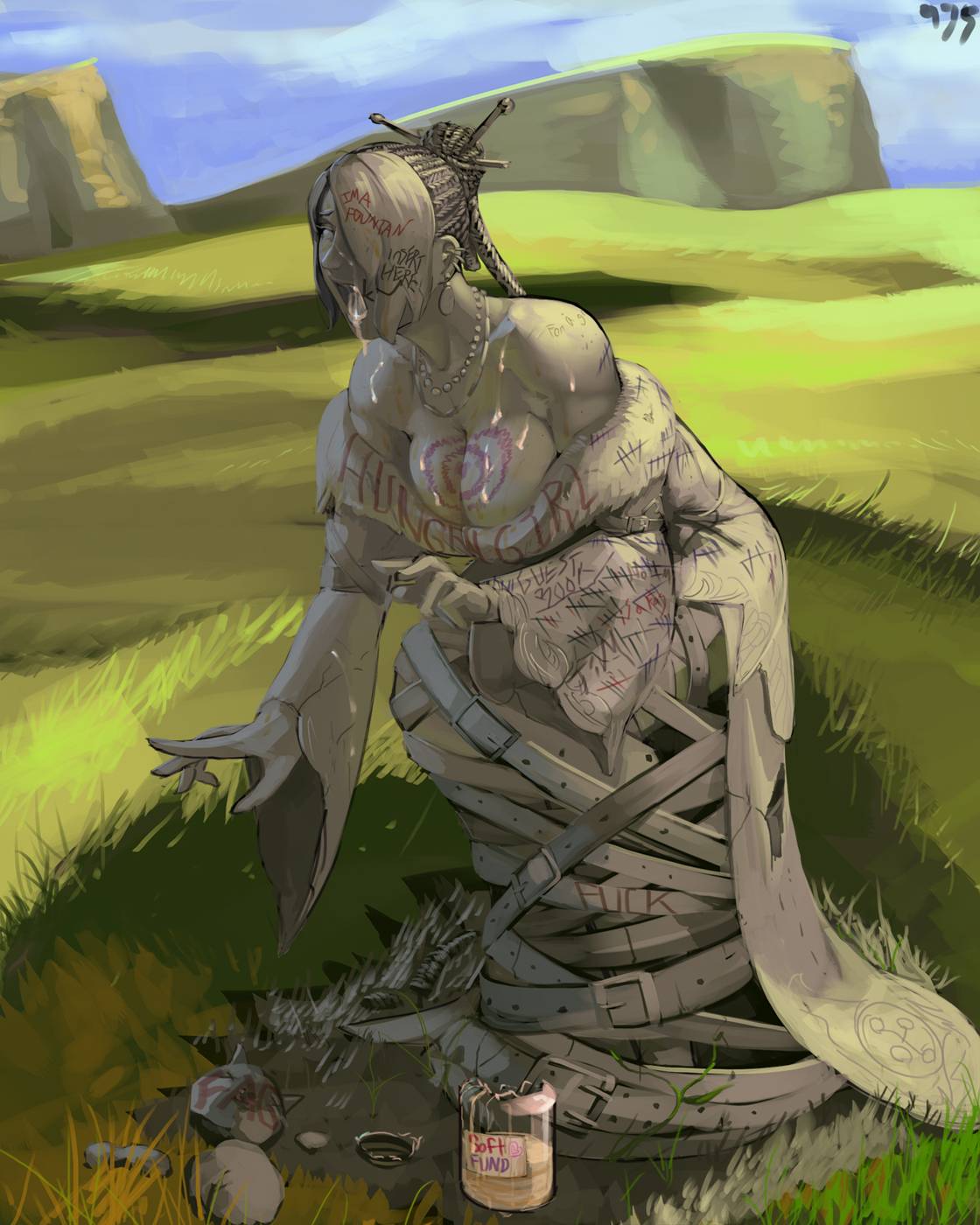 1girls, 2d, aka6, body writing, breasts, cleavage, cum, cum in glass, cum in mouth, cum on breasts, death, dress, english text, female, female death, female only, final fantasy, final fantasy x, hair ornament, hair over one eye, hairpin, large breasts, lulu (final fantasy), open mouth, outdoors, petrification, petrified, public use, restrained, soiled, solo, solo female, standing, statue, stone, tally marks, text, tip jar