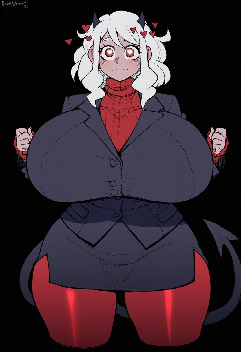 1girls, ai generated, big breasts, black background, black horns, black suit, black tail, blush, breasts, clothing, cropped legs, demon, demon girl, demon tail, female, goghkunn, heart, heart-shaped pupils, helltaker, horns, huge breasts, jpeg, long sleeves, looking at viewer, modeus (helltaker), pantyhose, red eyes, red legwear, red sweater, ribbed sweater, short hair, skirt, solo, sweater, symbol-shaped pupils, tagme, tail, turtleneck, white hair