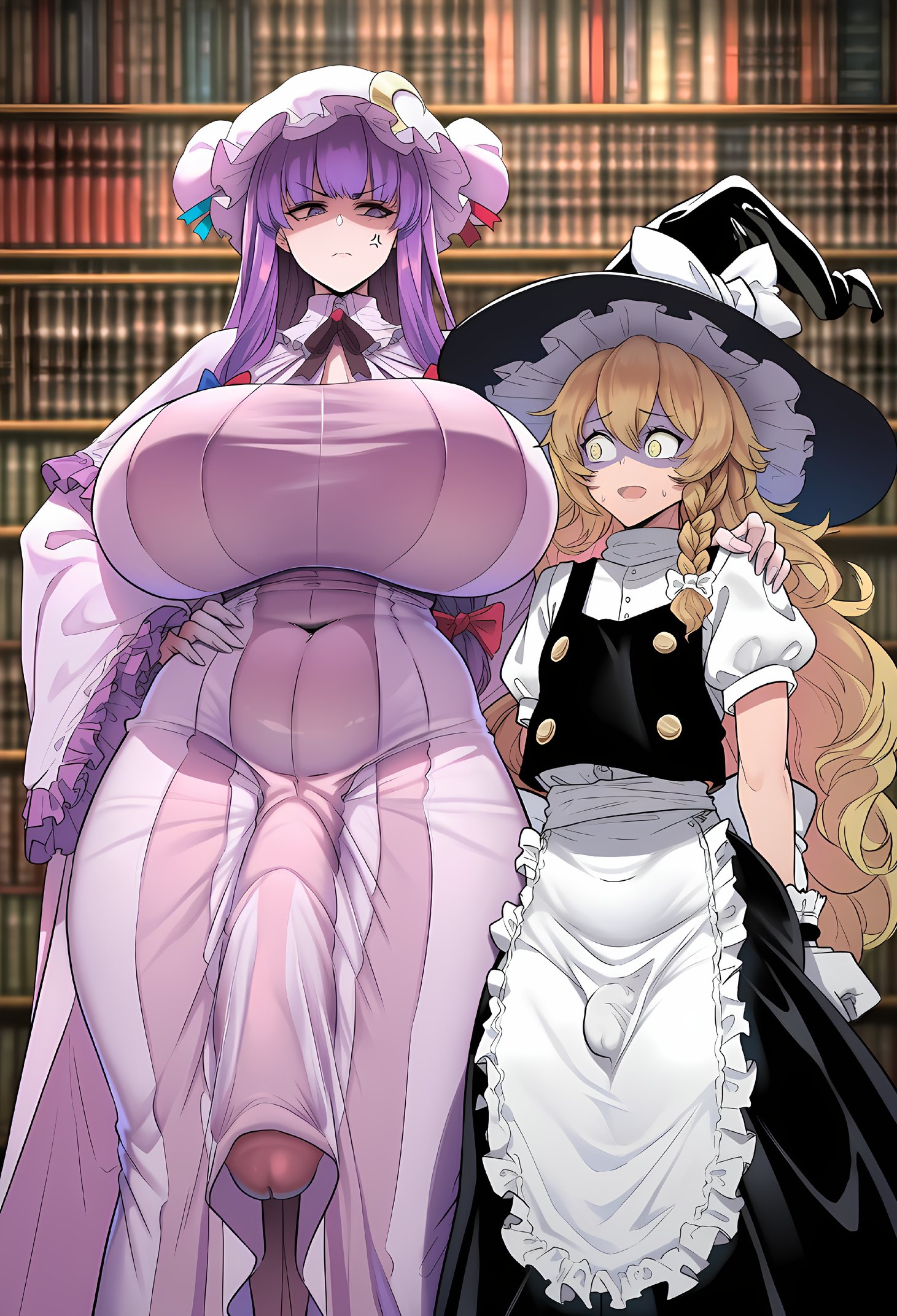 2futas, ai generated, apron, bangs, belly, big breasts, big penis, blonde hair, blue bow, blunt bangs, book, bookshelf, braid, breasts, bulge, crescent, dress, duo, eyebrows visible through hair, fat, futa only, futanari, hat, hat bow, huge breasts, huge penis, imminent sex, intersex, kirisame marisa, library, long hair, looking at viewer, manicmode, multiple futa, multiple penises, navel, open mouth, patchouli knowledge, penis, penis size difference, plump, purple eyes, purple hair, purple headwear, see-through, standing, striped, touhou, witch hat, yellow eyes