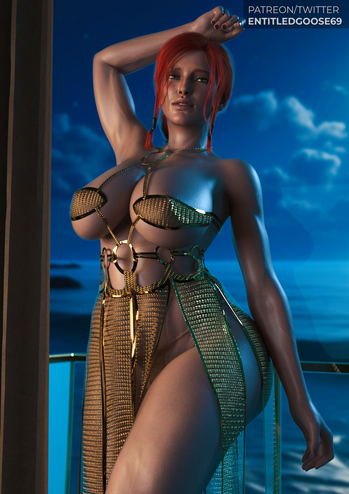 3d, armpits, big breasts, breasts, cd projekt red, entitledgoose, female, freckles, light-skinned female, lingerie, looking at viewer, mascara, night, nipples, red hair, red nails, sea, seductive pose, solo, solo female, the witcher (series), the witcher 3: wild hunt, thong, triss merigold, wide hips