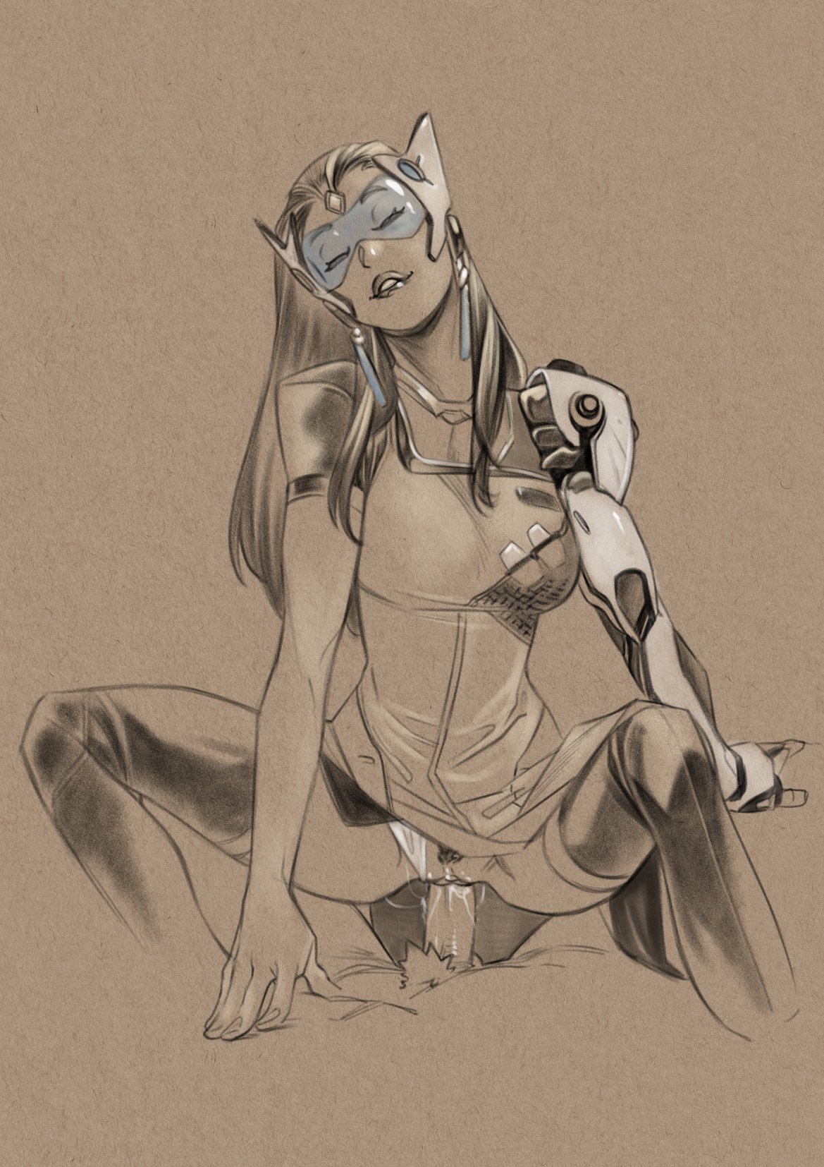 1boy, 1girls, bayushi, biting lip, biting own lip, blizzard entertainment, duo, erection, female, female on top, female pubic hair, indian, indian female, male, overwatch, penetration, penis, pubic hair, pussy, riding, sex, symmetra, vaginal penetration