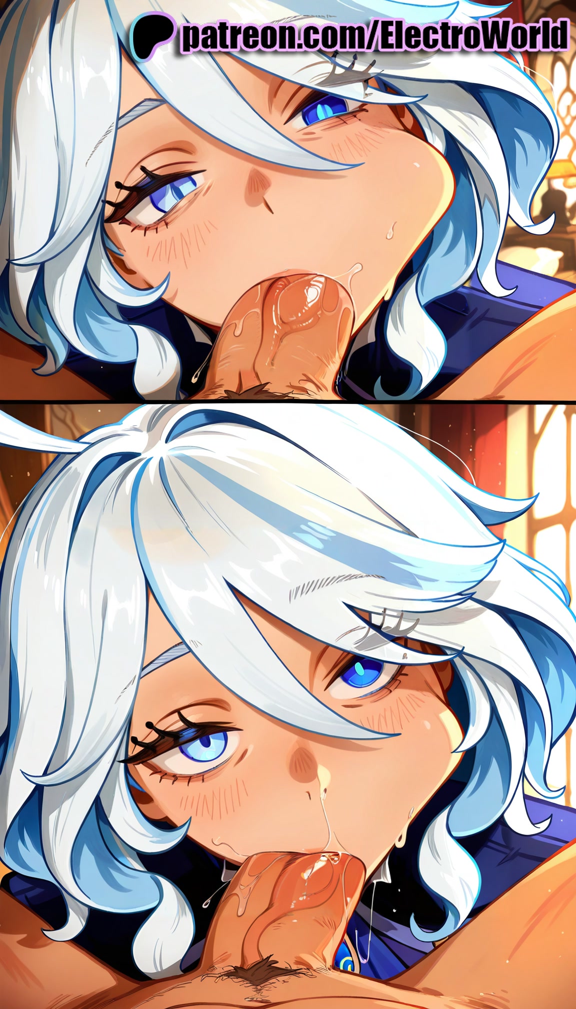 :>=, 1boy, 1girls, 2025, ai generated, artist name, balls, balls sucking, blowjob, blowjob face, blue eyes, blush, cock, deepthroat, dick, electroworld, fellatio, female, furina (genshin impact), genshin impact, hair between eyes, hi res, high quality, high resolution, highres, licking, looking at viewer, male, multiple fellatio, oral, oral sex, patreon, patreon username, penis, pov, saliva, stable diffusion, straight, sucking, testicles, uncensored, watermark, white hair