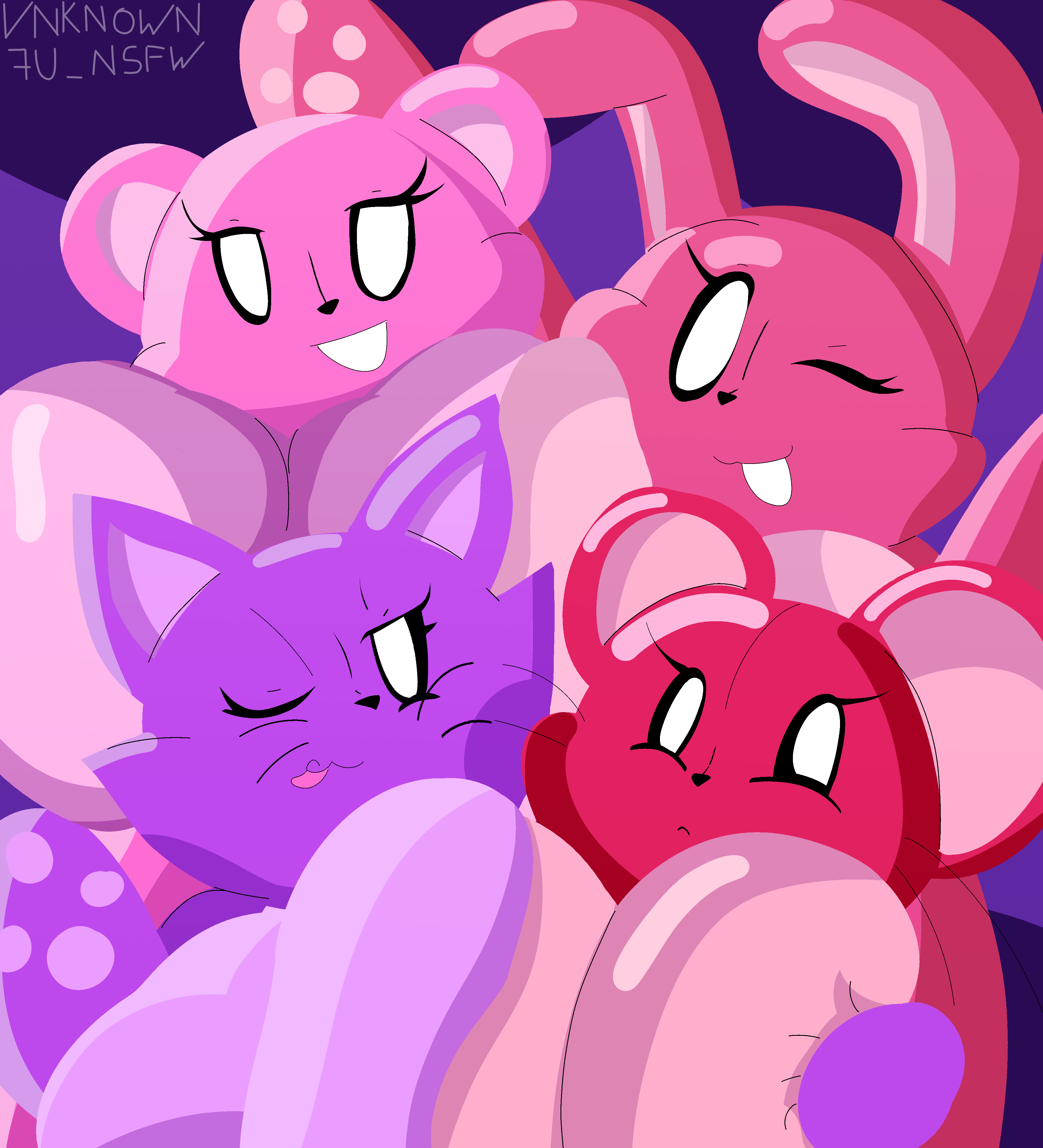 2025, 4girls, absurd res, against, animate inanimate, anthro, arm around another, artist name, artist signature, bear, big breasts, breast squeeze, breast squish, breasts, breasts on glass, catti (gremlingrounded), cel shading, countershading, digital art, digital drawing (artwork), digital media, digital media (artwork), domestic cat, empty eyes, english text, eyelashes, featureless breasts, felid, feline, felis, female, furry, group, hi res, hoppi (gremlingrounded), hug, huge breasts, hyper, hyper breasts, lagomorph, lagomorph humanoid, leporid, leporid humanoid, living plushie, looking at viewer, lovedoll toy factory, mammal, merri (gremlingrounded), mouse, murid, murid humanoid, murine, nude, nude anthro, nude female, on glass, one eye closed, open mouth, pawpads, paws, pink body, pink countershading, pink fur, pink inner ear, pink pawpads, pink tongue, plushie, pointy ears, purple background, purple body, purple countershading, purple fur, purple inner ear, purple pawpads, quartet, quartet focus, rabbit, red body, red countershading, red fur, rodent, round ears, shaded, simple background, smile, smiling at viewer, squeezing, squish, stuffed animal, stuffed toy, stylized empty eyes, surface, teddi (gremlingrounded), text, tongue, toony, unknown7unsfw, ursid, ursid humanoid, ursine, ursine humanoid, whiskers, wink, winking at viewer