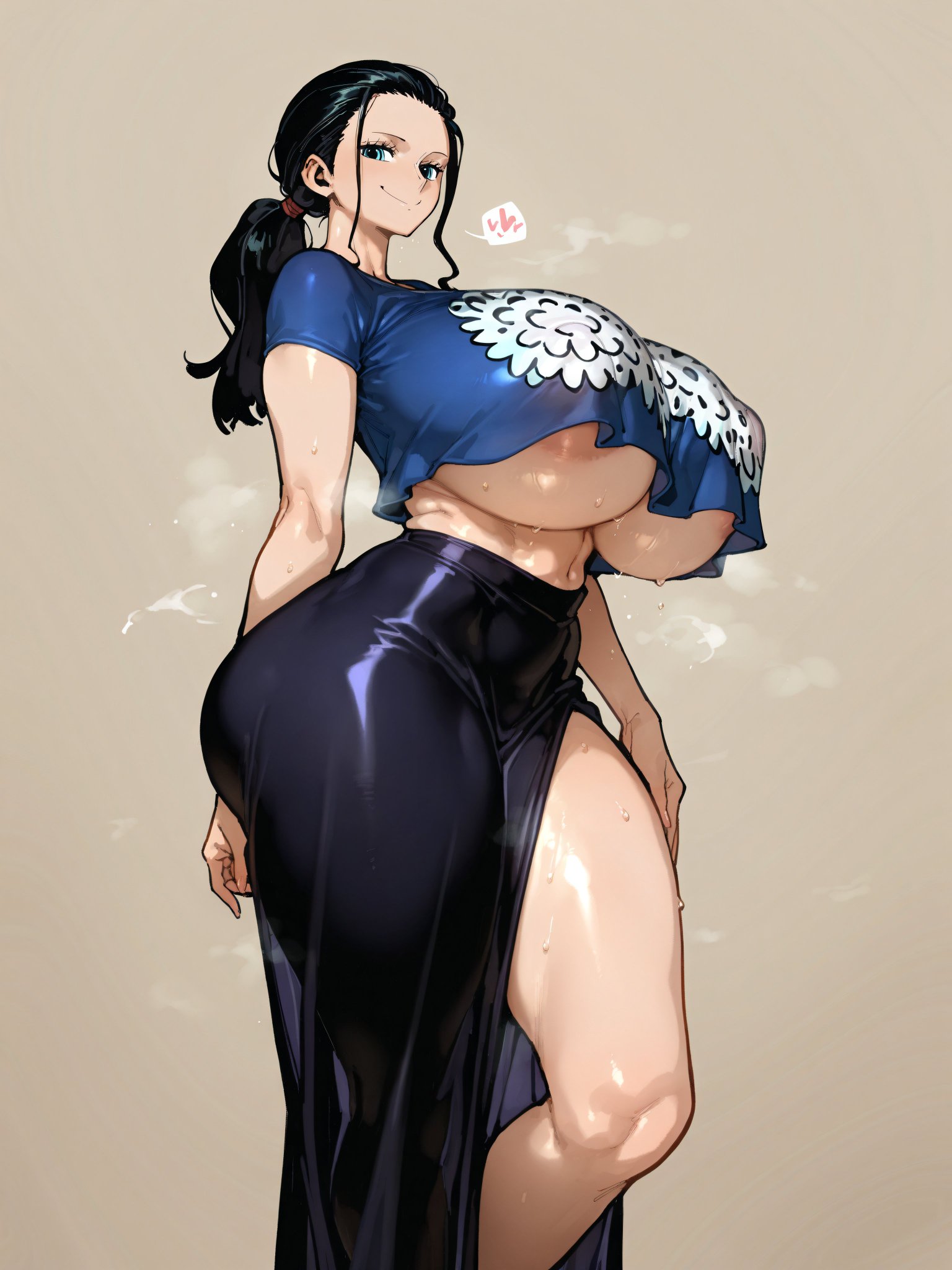 ai generated, areolae visible through clothing, bare thighs, black hair, blue eyes, breasts, female, female only, gigantic breasts, huge areolae, huge breasts, huge thighs, light skin, light-skinned female, looking down, low-angle view, massive breasts, mature female, milf, nico robin, oatmealdood, oiled body, oiled skin, one piece, ponytail, shounen jump, smiling, solo female, squatting, sweat, sweatdrop, thick body, thick female, thick thighs, thighs, voluptuous, voluptuous female