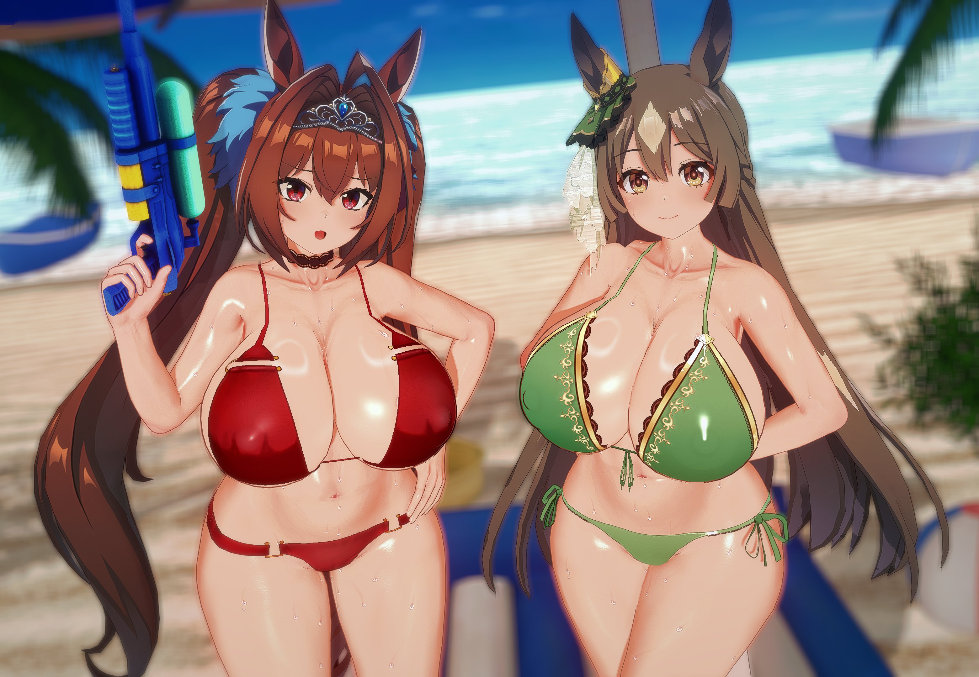 2girls, 3d, beach, bikini, breasts, brown eyes, brown hair, cleavage, closed mouth, daiwa scarlet (umamusume), danish primus, female, female only, green swimsuit, hair between eyes, hand on hip, horse ears, horse girl, huge breasts, koikatsu, light skin, light-skinned female, nipple bulge, open mouth, outdoors, red eyes, red swimsuit, satono diamond (umamusume), shiny skin, smile, solo, swimsuit, tiara, tied hair, twintails, umamusume, vermelho (artist), water gun