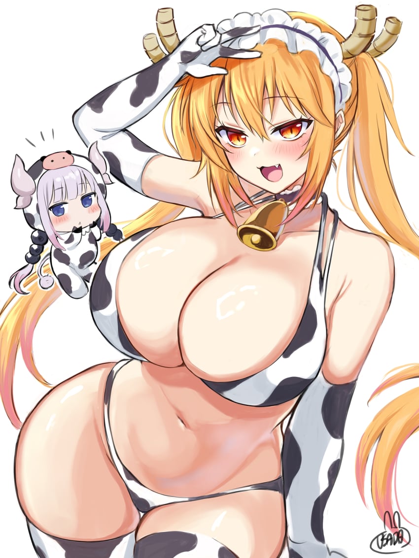 :3, 2girls, animal print, bikini, blonde hair, breasts, cosplay, cow print, cow print bikini, curvy, cute fang, elbow gloves, fangs, female, gloves, horns, huge breasts, kanna kamui, kigurumi, looking at viewer, miss kobayashi's dragon maid, multiple females, multiple girls, navel, no tail, print bikini, slit pupils, swimsuit, tail, thighhighs, tohru (dragon maid), usada mimiz