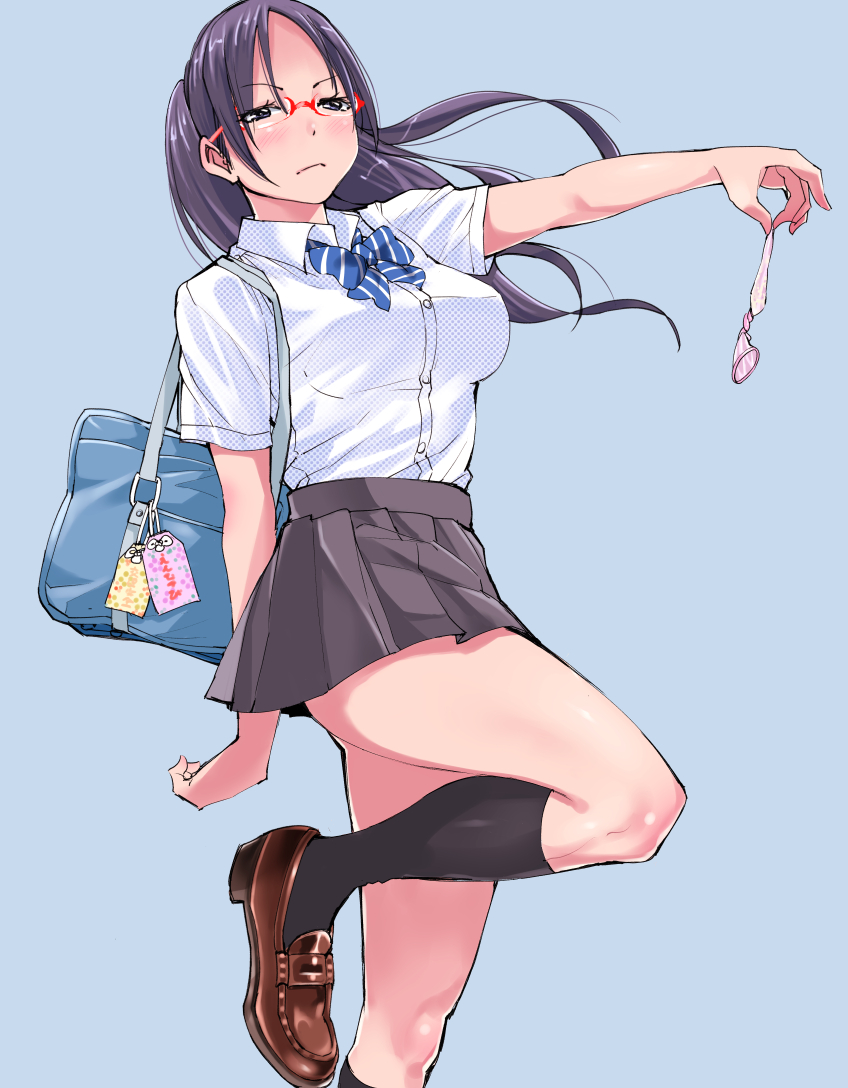 bag black_legwear blue_background blue_hair blush bowtie breasts condom dress_shirt female frown glasses holding_condom huridog kneehighs loafers long_hair looking_at_viewer original ponytail red-framed_glasses school_bag school_uniform shirt shoes skirt solo standing_on_one_leg tied_hair used_condom