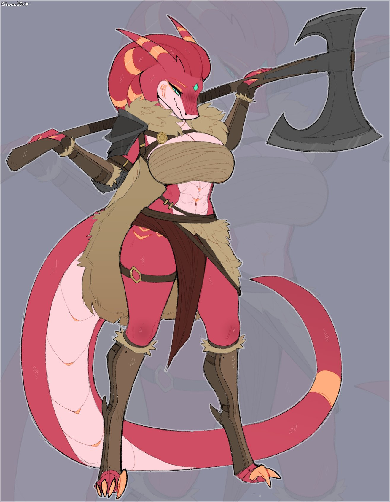 abs, anthro, axe, blue eyes, claweddrip, female, furry, horned, horned female, horned humanoid, horns, loincloth, red body, red scales, reptile, reptile girl, reptile humanoid, viking, viking female
